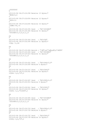 ,00000000
"
2013-01-04 04:37:14:296   Receive 13 Bytes:"
^MODE:5,4
"
2013-01-04 04:37:16:834   Receive 12 Bytes:"
^RSSI:11
"
2013-01-04 04:37:16:835   Receive 16 Bytes:"
^CSNR:-91,-5
"
2013-01-04 04:37:18:335   Send   : "AT^SYSINFO"
2013-01-04 04:37:18:345   Receive 31 Bytes:"
^SYSINFO:2,3,0,5,1,,4

OK
"
2013-01-04 04:37:18:356 Send   : "AT+CSQ"
2013-01-04 04:37:18:395 Receive 21 Bytes:"
+CSQ: 11,99

OK
"
2013-01-04 04:37:18:406 Record : "²éÑ¯µ±Ç°ÍøÂçµÄÏµÍ³Ä£Ê½"
2013-01-04 04:37:18:406 Send   : "AT^SYSINFO"
2013-01-04 04:37:18:414 Receive 31 Bytes:"
^SYSINFO:2,3,0,5,1,,4

OK
"
2013-01-04 04:37:18:432   Send   : "AT+COPS=3,0"
2013-01-04 04:37:18:500   Receive 6 Bytes:"
OK
"
2013-01-04 04:37:18:537   Send   : "AT+COPS?
"
2013-01-04 04:37:18:541   Receive 26 Bytes:"
+COPS: 0,0,"3",2

OK
"
2013-01-04 04:37:18:547   Send   : "AT+COPS=3,2"
2013-01-04 04:37:18:553   Receive 6 Bytes:"
OK
"
2013-01-04 04:37:18:561   Send   : "AT+COPS?
"
2013-01-04 04:37:18:572   Receive 30 Bytes:"
+COPS: 0,2,"51089",2

OK
"
2013-01-04 04:37:18:585 Send   : "AT^SYSINFO"
2013-01-04 04:37:18:664 Receive 31 Bytes:"
^SYSINFO:2,3,0,5,1,,4

OK
"
2013-01-04 04:37:18:716   Send   : "AT+COPS=3,0"
2013-01-04 04:37:18:718   Receive 6 Bytes:"
OK
"
2013-01-04 04:37:18:732   Send   : "AT+COPS?
"
2013-01-04 04:37:18:738   Receive 26 Bytes:"
+COPS: 0,0,"3",2
 