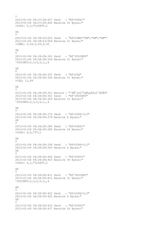 "
2013-01-04 04:37:58:457 Send   : "AT+COPS?
"
2013-01-04 04:37:58:460 Receive 30 Bytes:"
+COPS: 0,2,"51089",2

OK
"
2013-01-04 04:38:03:063 Send   : "AT+CPMS="SM","SM","SM""
2013-01-04 04:38:03:069 Receive 31 Bytes:"
+CPMS: 0,50,0,50,0,50

OK
"
2013-01-04 04:38:08:341 Send   : "AT^SYSINFO"
2013-01-04 04:38:08:344 Receive 31 Bytes:"
^SYSINFO:2,3,0,5,1,,4

OK
"
2013-01-04 04:38:08:351 Send   : "AT+CSQ"
2013-01-04 04:38:08:354 Receive 21 Bytes:"
+CSQ: 11,99

OK
"
2013-01-04 04:38:08:361 Record : "²éÑ¯µ±Ç°ÍøÂçµÄÏµÍ³Ä£Ê½"
2013-01-04 04:38:08:361 Send   : "AT^SYSINFO"
2013-01-04 04:38:08:364 Receive 31 Bytes:"
^SYSINFO:2,3,0,5,1,,4

OK
"
2013-01-04 04:38:08:376   Send   : "AT+COPS=3,0"
2013-01-04 04:38:08:379   Receive 6 Bytes:"
OK
"
2013-01-04 04:38:08:380   Send   : "AT+COPS?
"
2013-01-04 04:38:08:385   Receive 26 Bytes:"
+COPS: 0,0,"3",2

OK
"
2013-01-04 04:38:08:390   Send   : "AT+COPS=3,2"
2013-01-04 04:38:08:393   Receive 6 Bytes:"
OK
"
2013-01-04 04:38:08:400   Send   : "AT+COPS?
"
2013-01-04 04:38:08:403   Receive 30 Bytes:"
+COPS: 0,2,"51089",2

OK
"
2013-01-04 04:38:08:411 Send   : "AT^SYSINFO"
2013-01-04 04:38:08:413 Receive 31 Bytes:"
^SYSINFO:2,3,0,5,1,,4

OK
"
2013-01-04   04:38:08:422 Send   : "AT+COPS=3,0"
2013-01-04   04:38:08:425 Receive 6 Bytes:"
OK
"
2013-01-04   04:38:08:433 Send   : "AT+COPS?
"
2013-01-04   04:38:08:437 Receive 26 Bytes:"
 