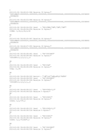 "
2013-01-04 04:40:01:948 Receive 93 Bytes:"
^DSFLOWRPT:00000020,00000000,00000000,000000000000046F,0000000000000266,0003E800
,000DAC00
"
2013-01-04 04:40:03:948 Receive 93 Bytes:"
^DSFLOWRPT:00000022,00000000,00000000,000000000000046F,0000000000000266,0003E800
,000DAC00
"
2013-01-04 04:40:04:052 Send   : "AT+CPMS="SM","SM","SM""
2013-01-04 04:40:04:056 Receive 31 Bytes:"
+CPMS: 0,50,0,50,0,50

OK
"
2013-01-04 04:40:05:947 Receive 93 Bytes:"
^DSFLOWRPT:00000024,00000000,00000000,000000000000046F,0000000000000266,0003E800
,000DAC00
"
2013-01-04 04:40:07:955 Receive 93 Bytes:"
^DSFLOWRPT:00000026,00000000,00000000,000000000000046F,0000000000000266,0003E800
,000DAC00
"
2013-01-04 04:40:08:481 Send   : "AT^SYSINFO"
2013-01-04 04:40:08:483 Receive 31 Bytes:"
^SYSINFO:2,3,0,5,1,,4

OK
"
2013-01-04 04:40:08:493 Send   : "AT+CSQ"
2013-01-04 04:40:08:496 Receive 21 Bytes:"
+CSQ: 11,99

OK
"
2013-01-04 04:40:08:502 Record : "²éÑ¯µ±Ç°ÍøÂçµÄÏµÍ³Ä£Ê½"
2013-01-04 04:40:08:502 Send   : "AT^SYSINFO"
2013-01-04 04:40:08:506 Receive 31 Bytes:"
^SYSINFO:2,3,0,5,1,,4

OK
"
2013-01-04 04:40:08:517   Send   : "AT+COPS=3,0"
2013-01-04 04:40:08:520   Receive 6 Bytes:"
OK
"
2013-01-04 04:40:08:521   Send   : "AT+COPS?
"
2013-01-04 04:40:08:524   Receive 26 Bytes:"
+COPS: 0,0,"3",2

OK
"
2013-01-04 04:40:08:531   Send   : "AT+COPS=3,2"
2013-01-04 04:40:08:534   Receive 6 Bytes:"
OK
"
2013-01-04 04:40:08:541   Send   : "AT+COPS?
"
2013-01-04 04:40:08:546   Receive 30 Bytes:"
+COPS: 0,2,"51089",2

OK
"
2013-01-04 04:40:08:552 Send   : "AT^SYSINFO"
2013-01-04 04:40:08:556 Receive 31 Bytes:"
 