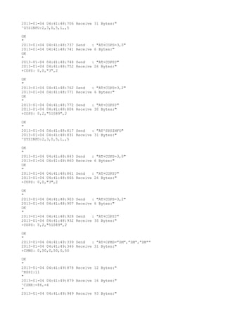 2013-01-04 04:41:48:706 Receive 31 Bytes:"
^SYSINFO:2,3,0,5,1,,5

OK
"
2013-01-04 04:41:48:737   Send   : "AT+COPS=3,0"
2013-01-04 04:41:48:741   Receive 6 Bytes:"
OK
"
2013-01-04 04:41:48:748   Send   : "AT+COPS?
"
2013-01-04 04:41:48:752   Receive 26 Bytes:"
+COPS: 0,0,"3",2

OK
"
2013-01-04 04:41:48:762   Send   : "AT+COPS=3,2"
2013-01-04 04:41:48:771   Receive 6 Bytes:"
OK
"
2013-01-04 04:41:48:772   Send   : "AT+COPS?
"
2013-01-04 04:41:48:804   Receive 30 Bytes:"
+COPS: 0,2,"51089",2

OK
"
2013-01-04 04:41:48:817 Send   : "AT^SYSINFO"
2013-01-04 04:41:48:831 Receive 31 Bytes:"
^SYSINFO:2,3,0,5,1,,5

OK
"
2013-01-04 04:41:48:843   Send   : "AT+COPS=3,0"
2013-01-04 04:41:48:860   Receive 6 Bytes:"
OK
"
2013-01-04 04:41:48:861   Send   : "AT+COPS?
"
2013-01-04 04:41:48:866   Receive 26 Bytes:"
+COPS: 0,0,"3",2

OK
"
2013-01-04 04:41:48:903   Send   : "AT+COPS=3,2"
2013-01-04 04:41:48:907   Receive 6 Bytes:"
OK
"
2013-01-04 04:41:48:928   Send   : "AT+COPS?
"
2013-01-04 04:41:48:932   Receive 30 Bytes:"
+COPS: 0,2,"51089",2

OK
"
2013-01-04 04:41:49:339 Send   : "AT+CPMS="SM","SM","SM""
2013-01-04 04:41:49:346 Receive 31 Bytes:"
+CPMS: 0,50,0,50,0,50

OK
"
2013-01-04 04:41:49:878 Receive 12 Bytes:"
^RSSI:11
"
2013-01-04 04:41:49:879 Receive 16 Bytes:"
^CSNR:-86,-4
"
2013-01-04 04:41:49:949 Receive 93 Bytes:"
 