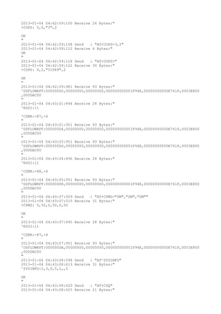 2013-01-04 04:42:59:100 Receive 26 Bytes:"
+COPS: 0,0,"3",2

OK
"
2013-01-04 04:42:59:108   Send   : "AT+COPS=3,2"
2013-01-04 04:42:59:112   Receive 6 Bytes:"
OK
"
2013-01-04 04:42:59:118   Send   : "AT+COPS?
"
2013-01-04 04:42:59:122   Receive 30 Bytes:"
+COPS: 0,2,"51089",2

OK
"
2013-01-04 04:42:59:981 Receive 93 Bytes:"
^DSFLOWRPT:000000D2,00000000,00000000,000000000001F94E,00000000000E761F,0003E800
,000DAC00
"
2013-01-04 04:43:01:894 Receive 28 Bytes:"
^RSSI:11

^CSNR:-87,-4
"
2013-01-04 04:43:01:951 Receive 93 Bytes:"
^DSFLOWRPT:000000D4,00000000,00000000,000000000001F94E,00000000000E761F,0003E800
,000DAC00
"
2013-01-04 04:43:03:951 Receive 93 Bytes:"
^DSFLOWRPT:000000D6,00000000,00000000,000000000001F94E,00000000000E761F,0003E800
,000DAC00
"
2013-01-04 04:43:04:896 Receive 28 Bytes:"
^RSSI:11

^CSNR:-88,-4
"
2013-01-04 04:43:05:951 Receive 93 Bytes:"
^DSFLOWRPT:000000D8,00000000,00000000,000000000001F94E,00000000000E761F,0003E800
,000DAC00
"
2013-01-04 04:43:07:009 Send   : "AT+CPMS="SM","SM","SM""
2013-01-04 04:43:07:015 Receive 31 Bytes:"
+CPMS: 0,50,0,50,0,50

OK
"
2013-01-04 04:43:07:895 Receive 28 Bytes:"
^RSSI:11

^CSNR:-87,-4
"
2013-01-04 04:43:07:951 Receive 93 Bytes:"
^DSFLOWRPT:000000DA,00000000,00000000,000000000001F94E,00000000000E761F,0003E800
,000DAC00
"
2013-01-04 04:43:08:598 Send   : "AT^SYSINFO"
2013-01-04 04:43:08:613 Receive 31 Bytes:"
^SYSINFO:2,3,0,5,1,,5

OK
"
2013-01-04 04:43:08:620 Send   : "AT+CSQ"
2013-01-04 04:43:08:625 Receive 21 Bytes:"
 