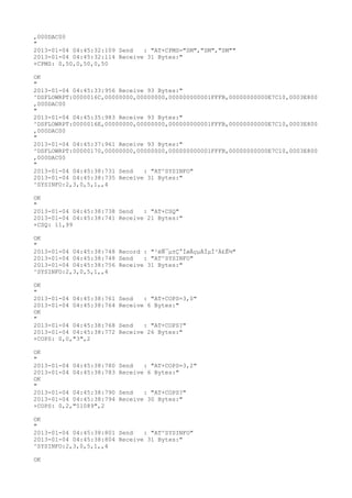 ,000DAC00
"
2013-01-04 04:45:32:109 Send   : "AT+CPMS="SM","SM","SM""
2013-01-04 04:45:32:114 Receive 31 Bytes:"
+CPMS: 0,50,0,50,0,50

OK
"
2013-01-04 04:45:33:956 Receive 93 Bytes:"
^DSFLOWRPT:0000016C,00000000,00000000,000000000001FFFB,00000000000E7C10,0003E800
,000DAC00
"
2013-01-04 04:45:35:983 Receive 93 Bytes:"
^DSFLOWRPT:0000016E,00000000,00000000,000000000001FFFB,00000000000E7C10,0003E800
,000DAC00
"
2013-01-04 04:45:37:961 Receive 93 Bytes:"
^DSFLOWRPT:00000170,00000000,00000000,000000000001FFFB,00000000000E7C10,0003E800
,000DAC00
"
2013-01-04 04:45:38:731 Send   : "AT^SYSINFO"
2013-01-04 04:45:38:735 Receive 31 Bytes:"
^SYSINFO:2,3,0,5,1,,4

OK
"
2013-01-04 04:45:38:738 Send   : "AT+CSQ"
2013-01-04 04:45:38:741 Receive 21 Bytes:"
+CSQ: 11,99

OK
"
2013-01-04 04:45:38:748 Record : "²éÑ¯µ±Ç°ÍøÂçµÄÏµÍ³Ä£Ê½"
2013-01-04 04:45:38:748 Send   : "AT^SYSINFO"
2013-01-04 04:45:38:756 Receive 31 Bytes:"
^SYSINFO:2,3,0,5,1,,4

OK
"
2013-01-04 04:45:38:761   Send   : "AT+COPS=3,0"
2013-01-04 04:45:38:764   Receive 6 Bytes:"
OK
"
2013-01-04 04:45:38:768   Send   : "AT+COPS?
"
2013-01-04 04:45:38:772   Receive 26 Bytes:"
+COPS: 0,0,"3",2

OK
"
2013-01-04 04:45:38:780   Send   : "AT+COPS=3,2"
2013-01-04 04:45:38:783   Receive 6 Bytes:"
OK
"
2013-01-04 04:45:38:790   Send   : "AT+COPS?
"
2013-01-04 04:45:38:794   Receive 30 Bytes:"
+COPS: 0,2,"51089",2

OK
"
2013-01-04 04:45:38:801 Send   : "AT^SYSINFO"
2013-01-04 04:45:38:804 Receive 31 Bytes:"
^SYSINFO:2,3,0,5,1,,4

OK
 