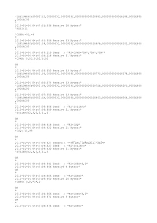 ^DSFLOWRPT:000001C2,0000003C,0000003C,0000000000020683,00000000000E8188,0003E800
,000DAC00
"
2013-01-04 04:47:01:936 Receive 28 Bytes:"
^RSSI:11

^CSNR:-91,-4
"
2013-01-04 04:47:01:956 Receive 93 Bytes:"
^DSFLOWRPT:000001C4,0000003C,0000003C,00000000000206FB,00000000000E8200,0003E800
,000DAC00
"
2013-01-04 04:47:03:110 Send   : "AT+CPMS="SM","SM","SM""
2013-01-04 04:47:03:118 Receive 31 Bytes:"
+CPMS: 0,50,0,50,0,50

OK
"
2013-01-04 04:47:03:955 Receive 93 Bytes:"
^DSFLOWRPT:000001C6,0000003C,0000003C,0000000000020773,00000000000E8278,0003E800
,000DAC00
"
2013-01-04 04:47:05:974 Receive 93 Bytes:"
^DSFLOWRPT:000001C8,0000003C,0000003C,00000000000207EB,00000000000E82F0,0003E800
,000DAC00
"
2013-01-04 04:47:07:955 Receive 93 Bytes:"
^DSFLOWRPT:000001CA,0000003C,0000003C,0000000000020863,00000000000E8368,0003E800
,000DAC00
"
2013-01-04 04:47:08:806 Send   : "AT^SYSINFO"
2013-01-04 04:47:08:809 Receive 31 Bytes:"
^SYSINFO:2,3,0,5,1,,5

OK
"
2013-01-04 04:47:08:818 Send   : "AT+CSQ"
2013-01-04 04:47:08:822 Receive 21 Bytes:"
+CSQ: 11,99

OK
"
2013-01-04 04:47:08:827 Record : "²éÑ¯µ±Ç°ÍøÂçµÄÏµÍ³Ä£Ê½"
2013-01-04 04:47:08:827 Send   : "AT^SYSINFO"
2013-01-04 04:47:08:830 Receive 31 Bytes:"
^SYSINFO:2,3,0,5,1,,5

OK
"
2013-01-04 04:47:08:841   Send   : "AT+COPS=3,0"
2013-01-04 04:47:08:846   Receive 6 Bytes:"
OK
"
2013-01-04 04:47:08:856   Send   : "AT+COPS?
"
2013-01-04 04:47:08:860   Receive 26 Bytes:"
+COPS: 0,0,"3",2

OK
"
2013-01-04 04:47:08:866 Send   : "AT+COPS=3,2"
2013-01-04 04:47:08:871 Receive 6 Bytes:"
OK
"
2013-01-04 04:47:08:876 Send   : "AT+COPS?
"
 