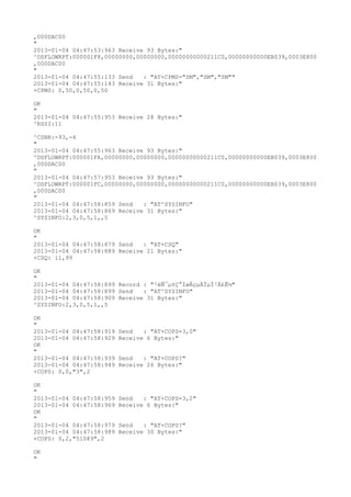 ,000DAC00
"
2013-01-04 04:47:53:963 Receive 93 Bytes:"
^DSFLOWRPT:000001F8,00000000,00000000,00000000000211C0,00000000000EB039,0003E800
,000DAC00
"
2013-01-04 04:47:55:133 Send   : "AT+CPMS="SM","SM","SM""
2013-01-04 04:47:55:143 Receive 31 Bytes:"
+CPMS: 0,50,0,50,0,50

OK
"
2013-01-04 04:47:55:953 Receive 28 Bytes:"
^RSSI:11

^CSNR:-93,-4
"
2013-01-04 04:47:55:963 Receive 93 Bytes:"
^DSFLOWRPT:000001FA,00000000,00000000,00000000000211C0,00000000000EB039,0003E800
,000DAC00
"
2013-01-04 04:47:57:953 Receive 93 Bytes:"
^DSFLOWRPT:000001FC,00000000,00000000,00000000000211C0,00000000000EB039,0003E800
,000DAC00
"
2013-01-04 04:47:58:859 Send   : "AT^SYSINFO"
2013-01-04 04:47:58:869 Receive 31 Bytes:"
^SYSINFO:2,3,0,5,1,,5

OK
"
2013-01-04 04:47:58:879 Send   : "AT+CSQ"
2013-01-04 04:47:58:889 Receive 21 Bytes:"
+CSQ: 11,99

OK
"
2013-01-04 04:47:58:899 Record : "²éÑ¯µ±Ç°ÍøÂçµÄÏµÍ³Ä£Ê½"
2013-01-04 04:47:58:899 Send   : "AT^SYSINFO"
2013-01-04 04:47:58:909 Receive 31 Bytes:"
^SYSINFO:2,3,0,5,1,,5

OK
"
2013-01-04 04:47:58:919   Send   : "AT+COPS=3,0"
2013-01-04 04:47:58:929   Receive 6 Bytes:"
OK
"
2013-01-04 04:47:58:939   Send   : "AT+COPS?
"
2013-01-04 04:47:58:949   Receive 26 Bytes:"
+COPS: 0,0,"3",2

OK
"
2013-01-04 04:47:58:959   Send   : "AT+COPS=3,2"
2013-01-04 04:47:58:969   Receive 6 Bytes:"
OK
"
2013-01-04 04:47:58:979   Send   : "AT+COPS?
"
2013-01-04 04:47:58:989   Receive 30 Bytes:"
+COPS: 0,2,"51089",2

OK
"
 