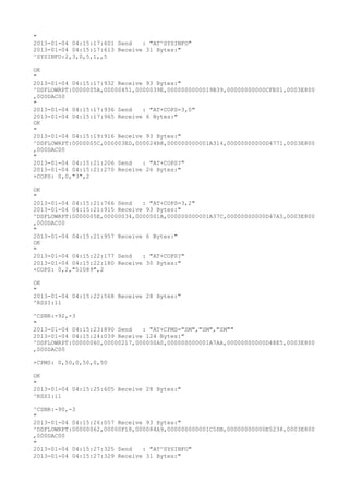 "
2013-01-04 04:15:17:601 Send   : "AT^SYSINFO"
2013-01-04 04:15:17:613 Receive 31 Bytes:"
^SYSINFO:2,3,0,5,1,,5

OK
"
2013-01-04 04:15:17:932 Receive 93 Bytes:"
^DSFLOWRPT:0000005A,00000451,0000039E,0000000000019B39,00000000000CFE01,0003E800
,000DAC00
"
2013-01-04 04:15:17:936 Send   : "AT+COPS=3,0"
2013-01-04 04:15:17:965 Receive 6 Bytes:"
OK
"
2013-01-04 04:15:19:916 Receive 93 Bytes:"
^DSFLOWRPT:0000005C,000003ED,000024B8,000000000001A314,00000000000D4771,0003E800
,000DAC00
"
2013-01-04 04:15:21:206 Send   : "AT+COPS?
"
2013-01-04 04:15:21:270 Receive 26 Bytes:"
+COPS: 0,0,"3",2

OK
"
2013-01-04 04:15:21:766 Send   : "AT+COPS=3,2"
2013-01-04 04:15:21:915 Receive 93 Bytes:"
^DSFLOWRPT:0000005E,00000034,0000001A,000000000001A37C,00000000000D47A5,0003E800
,000DAC00
"
2013-01-04 04:15:21:957 Receive 6 Bytes:"
OK
"
2013-01-04 04:15:22:177 Send   : "AT+COPS?
"
2013-01-04 04:15:22:180 Receive 30 Bytes:"
+COPS: 0,2,"51089",2

OK
"
2013-01-04 04:15:22:568 Receive 28 Bytes:"
^RSSI:11

^CSNR:-92,-3
"
2013-01-04 04:15:23:890 Send   : "AT+CPMS="SM","SM","SM""
2013-01-04 04:15:24:039 Receive 124 Bytes:"
^DSFLOWRPT:00000060,00000217,000000A0,000000000001A7AA,00000000000D48E5,0003E800
,000DAC00

+CPMS: 0,50,0,50,0,50

OK
"
2013-01-04 04:15:25:605 Receive 28 Bytes:"
^RSSI:11

^CSNR:-90,-3
"
2013-01-04 04:15:26:057 Receive 93 Bytes:"
^DSFLOWRPT:00000062,00000F18,000084A9,000000000001C5DB,00000000000E5238,0003E800
,000DAC00
"
2013-01-04 04:15:27:325 Send   : "AT^SYSINFO"
2013-01-04 04:15:27:329 Receive 31 Bytes:"
 