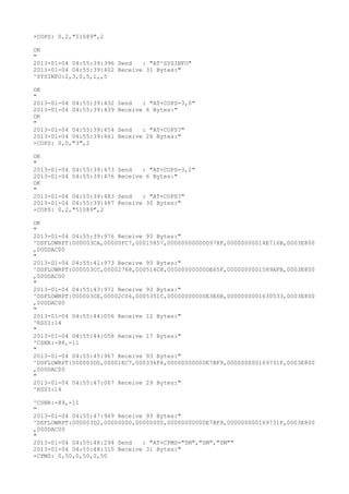 +COPS: 0,2,"51089",2

OK
"
2013-01-04 04:55:39:396 Send   : "AT^SYSINFO"
2013-01-04 04:55:39:402 Receive 31 Bytes:"
^SYSINFO:2,3,0,5,1,,5

OK
"
2013-01-04 04:55:39:432   Send   : "AT+COPS=3,0"
2013-01-04 04:55:39:439   Receive 6 Bytes:"
OK
"
2013-01-04 04:55:39:454   Send   : "AT+COPS?
"
2013-01-04 04:55:39:461   Receive 26 Bytes:"
+COPS: 0,0,"3",2

OK
"
2013-01-04 04:55:39:473   Send   : "AT+COPS=3,2"
2013-01-04 04:55:39:476   Receive 6 Bytes:"
OK
"
2013-01-04 04:55:39:483   Send   : "AT+COPS?
"
2013-01-04 04:55:39:487   Receive 30 Bytes:"
+COPS: 0,2,"51089",2

OK
"
2013-01-04 04:55:39:976 Receive 93 Bytes:"
^DSFLOWRPT:000003CA,00000FC7,00015857,00000000000D978F,00000000014E716B,0003E800
,000DAC00
"
2013-01-04 04:55:41:973 Receive 93 Bytes:"
^DSFLOWRPT:000003CC,00002768,000514C8,00000000000DE65F,0000000001589AFB,0003E800
,000DAC00
"
2013-01-04 04:55:43:971 Receive 93 Bytes:"
^DSFLOWRPT:000003CE,00002C06,0005351C,00000000000E3E6B,0000000001630533,0003E800
,000DAC00
"
2013-01-04 04:55:44:056 Receive 12 Bytes:"
^RSSI:14
"
2013-01-04 04:55:44:058 Receive 17 Bytes:"
^CSNR:-88,-11
"
2013-01-04 04:55:45:967 Receive 93 Bytes:"
^DSFLOWRPT:000003D0,00001EC7,000336F6,00000000000E7BF9,000000000169731F,0003E800
,000DAC00
"
2013-01-04 04:55:47:067 Receive 29 Bytes:"
^RSSI:14

^CSNR:-89,-11
"
2013-01-04 04:55:47:969 Receive 93 Bytes:"
^DSFLOWRPT:000003D2,00000000,00000000,00000000000E7BF9,000000000169731F,0003E800
,000DAC00
"
2013-01-04 04:55:48:294 Send   : "AT+CPMS="SM","SM","SM""
2013-01-04 04:55:48:315 Receive 31 Bytes:"
+CPMS: 0,50,0,50,0,50
 