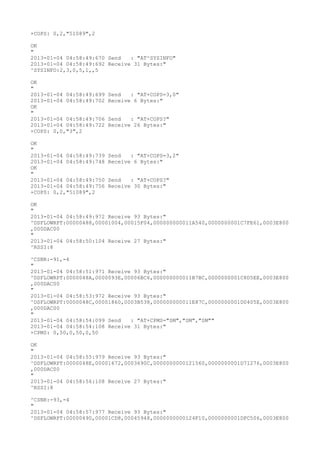 +COPS: 0,2,"51089",2

OK
"
2013-01-04 04:58:49:670 Send   : "AT^SYSINFO"
2013-01-04 04:58:49:692 Receive 31 Bytes:"
^SYSINFO:2,3,0,5,1,,5

OK
"
2013-01-04 04:58:49:699   Send   : "AT+COPS=3,0"
2013-01-04 04:58:49:702   Receive 6 Bytes:"
OK
"
2013-01-04 04:58:49:706   Send   : "AT+COPS?
"
2013-01-04 04:58:49:722   Receive 26 Bytes:"
+COPS: 0,0,"3",2

OK
"
2013-01-04 04:58:49:739   Send   : "AT+COPS=3,2"
2013-01-04 04:58:49:748   Receive 6 Bytes:"
OK
"
2013-01-04 04:58:49:750   Send   : "AT+COPS?
"
2013-01-04 04:58:49:756   Receive 30 Bytes:"
+COPS: 0,2,"51089",2

OK
"
2013-01-04 04:58:49:972 Receive 93 Bytes:"
^DSFLOWRPT:00000488,00001004,00015F04,000000000011A540,0000000001C7FE61,0003E800
,000DAC00
"
2013-01-04 04:58:50:104 Receive 27 Bytes:"
^RSSI:8

^CSNR:-91,-4
"
2013-01-04 04:58:51:971 Receive 93 Bytes:"
^DSFLOWRPT:0000048A,0000093E,00006BC6,000000000011B7BC,0000000001C8D5EE,0003E800
,000DAC00
"
2013-01-04 04:58:53:972 Receive 93 Bytes:"
^DSFLOWRPT:0000048C,00001860,0003B538,000000000011E87C,0000000001D0405E,0003E800
,000DAC00
"
2013-01-04 04:58:54:099 Send   : "AT+CPMS="SM","SM","SM""
2013-01-04 04:58:54:108 Receive 31 Bytes:"
+CPMS: 0,50,0,50,0,50

OK
"
2013-01-04 04:58:55:979 Receive 93 Bytes:"
^DSFLOWRPT:0000048E,00001672,0003690C,0000000000121560,0000000001D71276,0003E800
,000DAC00
"
2013-01-04 04:58:56:108 Receive 27 Bytes:"
^RSSI:8

^CSNR:-93,-4
"
2013-01-04 04:58:57:977 Receive 93 Bytes:"
^DSFLOWRPT:00000490,00001CD8,00045948,0000000000124F10,0000000001DFC506,0003E800
 