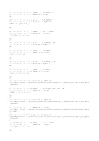 "
2013-01-04 04:18:18:237   Send   : "AT+COPS=3,2"
2013-01-04 04:18:18:245   Receive 6 Bytes:"
OK
"
2013-01-04 04:18:18:261   Send   : "AT+COPS?
"
2013-01-04 04:18:18:267   Receive 30 Bytes:"
+COPS: 0,2,"51089",2

OK
"
2013-01-04 04:18:18:318 Send   : "AT^SYSINFO"
2013-01-04 04:18:18:324 Receive 31 Bytes:"
^SYSINFO:2,3,0,5,1,,4

OK
"
2013-01-04 04:18:18:514   Send   : "AT+COPS=3,0"
2013-01-04 04:18:18:535   Receive 6 Bytes:"
OK
"
2013-01-04 04:18:18:551   Send   : "AT+COPS?
"
2013-01-04 04:18:18:557   Receive 26 Bytes:"
+COPS: 0,0,"3",2

OK
"
2013-01-04 04:18:18:571   Send   : "AT+COPS=3,2"
2013-01-04 04:18:18:575   Receive 6 Bytes:"
OK
"
2013-01-04 04:18:18:757   Send   : "AT+COPS?
"
2013-01-04 04:18:18:802   Receive 30 Bytes:"
+COPS: 0,2,"51089",2

OK
"
2013-01-04 04:18:19:923 Receive 93 Bytes:"
^DSFLOWRPT:00000110,00000000,00000000,000000000002B426,000000000024B526,0003E800
,000DAC00
"
2013-01-04 04:18:20:666 Send   : "AT+CPMS="SM","SM","SM""
2013-01-04 04:18:20:724 Receive 31 Bytes:"
+CPMS: 0,50,0,50,0,50

OK
"
2013-01-04 04:18:21:948 Receive 93 Bytes:"
^DSFLOWRPT:00000112,00000000,00000000,000000000002B426,000000000024B526,0003E800
,000DAC00
"
2013-01-04 04:18:23:929 Receive 93 Bytes:"
^DSFLOWRPT:00000114,00000000,00000000,000000000002B426,000000000024B526,0003E800
,000DAC00
"
2013-01-04 04:18:25:931 Receive 93 Bytes:"
^DSFLOWRPT:00000116,00000000,00000000,000000000002B426,000000000024B526,0003E800
,000DAC00
"
2013-01-04 04:18:27:700 Send   : "AT^SYSINFO"
2013-01-04 04:18:27:727 Receive 31 Bytes:"
^SYSINFO:2,3,0,5,1,,4

OK
 