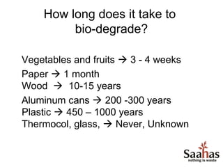 How long does it take to
         bio-degrade?

Vegetables and fruits  3 - 4 weeks
Paper  1 month
Wood  10-15 years
Aluminum cans  200 -300 years
Plastic  450 – 1000 years
Thermocol, glass,  Never, Unknown
 