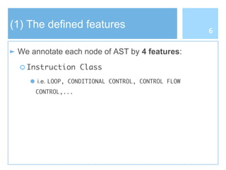 (1) The defined features
► We annotate each node of AST by 4 features:
○ Instruction Class
● i.e. LOOP, CONDITIONAL CONTROL, CONTROL FLOW
CONTROL,...
6
 