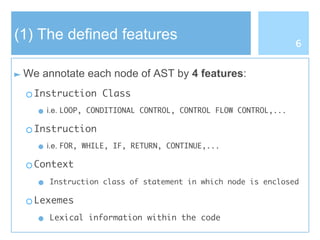 (1) The defined features
► We annotate each node of AST by 4 features:
○ Instruction Class
● i.e. LOOP, CONDITIONAL CONTROL, CONTROL FLOW CONTROL,...
○ Instruction
● i.e. FOR, WHILE, IF, RETURN, CONTINUE,...
○ Context
● Instruction class of statement in which node is enclosed
○ Lexemes
● Lexical information within the code
6
 