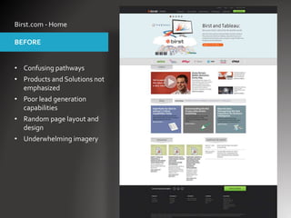 Birst.com - Home
• Confusing pathways
• Products and Solutions not
emphasized
• Poor lead generation
capabilities
• Random page layout and
design
• Underwhelming imagery
BEFORE
 