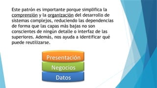 Este patrón es importante porque simplifica la
comprensión y la organización del desarrollo de
sistemas complejos, reduciendo las dependencias
de forma que las capas más bajas no son
conscientes de ningún detalle o interfaz de las
superiores. Además, nos ayuda a identificar qué
puede reutilizarse.
 