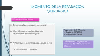 MOMENTO DE LA REPARACION
QUIRURGICA
 Tendencia a la estenosis del nuevo canal
 Mastoides y oído medio están mejor
neumatizados en niños mayores
 Niños mayores son menos cooperativos en P.O
 Niños menores : T Eustaquio
Niños menores de 5 años
Reparación de la Microtia:
• Implante MEDPOR
• Cartílago de costilla
Colesteatoma Congénito: cx
inmediata, 19 a 48 %, izquierdo,
Mujeres.
 