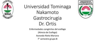 Universidad Tominaga
Nakamoto
Gastrocirugia
Dr. Ortis
Enfermedades congénitas del esófago
(Atresia de Esofago)
Acevedo Nieto Mariana
7° semestre grupo-B
 