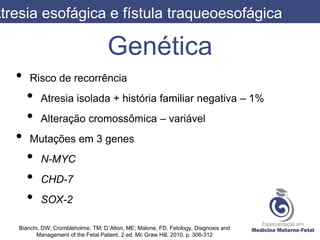 Genética
• Risco de recorrência
• Atresia isolada + história familiar negativa – 1%
• Alteração cromossômica – variável
• Mutações em 3 genes
• N-MYC
• CHD-7
• SOX-2
Atresia esofágica e fístula traqueoesofágica
Bianchi, DW; Crombleholme, TM; D´Alton, ME; Malone, FD. Fetology, Diagnosis and
Management of the Fetal Patient. 2 ed. Mc Graw Hill, 2010. p. 306-312
 