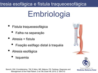 Embriologia
Atresia esofágica e fístula traqueoesofágica
Bianchi, DW; Crombleholme, TM; D´Alton, ME; Malone, FD. Fetology, Diagnosis and
Management of the Fetal Patient. 2 ed. Mc Graw Hill, 2010. p. 306-312
• Fístula traqueoesofágica
• Falha na separação
• Atresia + fístula
• Fixação esôfago distal à traquéia
• Atresia esofágica
• Isquemia
 