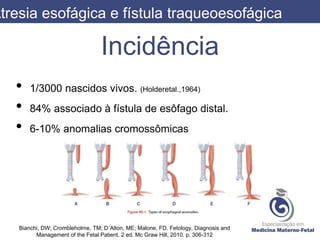 Incidência
• 1/3000 nascidos vivos. (Holderetal.,1964)
• 84% associado à fístula de esôfago distal.
• 6-10% anomalias cromossômicas
Atresia esofágica e fístula traqueoesofágica
Bianchi, DW; Crombleholme, TM; D´Alton, ME; Malone, FD. Fetology, Diagnosis and
Management of the Fetal Patient. 2 ed. Mc Graw Hill, 2010. p. 306-312
 