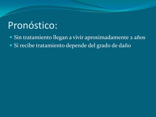 Pronóstico:Sin tratamiento llegan a vivir aproximadamente 2 añosSi recibe tratamiento depende del grado de daño 