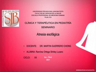 Atresia esofágica
CLÍNICA Y TERAPÉUTICA EN PEDIATRÍA
SEMINARIO
UNIVERSIDAD PRIVADA SAN JUAN BAUTISTA
FACULTAD DE CIENCIAS DE LA SALUD
ESCUELA PROFESIONAL DE MEDICINA HUMANA
FILIAL ICA
Ica – Perú
2021
• DOCENTE: DR. MARTIN GUERRERO CHONG
• ALUMNA: Ramírez Ortega Shirley Lucero
CICLO: XII
 