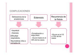COMPLICACIONES
Dehiscencia de la
anastomosis
-Inquietud
-Cianosis
-Dificultad
respiratoria.
Neumotórax intra o
extrapleural.
Estenosis
-Complicación a
largo plazo
- Ocurre hasta en el
35% de los casos.
Recurrencia de
la fístula
-Ocurre en el 10
a 15% de los
casos.
 