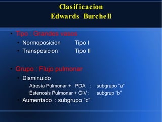 Clasificacion Edwards Burchell Tipo : Grandes vasos Normoposicion  Tipo I   Transposicion  Tipo II    Grupo : Flujo pulmonar Disminuido    Atresia Pulmonar +  PDA  :  subgrupo “a” Estenosis Pulmonar + CIV :  subgrup “b”   Aumentado  : subgrupo “c”   