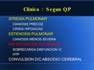 Clinica : Segun QP ATRESIA PULMONAR  CIANOSIS PRECOZ CRISIS HIPOXICAS ESTENOSIS PULMONAR  CIANOSIS MENOS SEVERA SIN ESTENOSIS PULMONAR  SOBRECARGA DISFUNCION VI HTP CONVULSION D/C ABSCESO CEREBRAL 