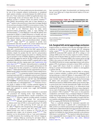 Watchman device. The 5-year pooled outcomes demonstrated a simi­
lar rate of the composite endpoint (cardiovascular or unexplained
death, systemic embolism, and stroke) between the LAAO and war­
farin arms. Those randomized to LAAO had significantly lower rates
of haemorrhagic stroke and all-cause death, but also a 71% non-
significant increase in ischaemic stroke and systemic embolism.364
With DOACs demonstrating similar rates of major bleeding to as­
pirin,242
warfarin in the control arms in these trials is no longer standard
of care and hence the place of LAAO in current practice is unclear. The
Amulet occluder is an alternative LAAO device which was non-inferior
in an RCT to the Watchman device for safety events
(procedure-related complications, death, or major bleeding) and
thromboembolism.365
In the PRAGUE-17 trial, 402 AF patients were
randomized to DOAC or LAAO (Watchman or Amulet), with non-
inferiority reported for a broad composite primary endpoint of stroke,
TIA, systemic embolism, cardiovascular death, major or non-major clin­
ically relevant bleeding, and procedure/device-related complica­
tions.366,367
Larger trials368,369
are expected to provide more
comprehensive data that can add to the current evidence base (see
Supplementary data online, Additional Evidence Table S10).
Pending further RCTs (see Supplementary data online, Table S4), pa­
tients with a contraindication to all of the OAC options (the four
DOACs and VKAs) have the most appropriate rationale for LAAO im­
plantation, despite the paradox that the need for post-procedure
antithrombotic treatment exposes the patient to a bleeding risk that
may be equivalent to that of DOACs. Regulatory approvals based on
RCT protocols suggest the need for 45 days of VKA plus aspirin after
implantation, followed by 6 months of DAPT in patients with no major
peri-device leaks, and then ongoing aspirin (see Supplementary data
online, Figure S2).370–372
However, real-world practice is markedly dif­
ferent and also varied. Direct oral anticoagulant administration at full
or reduced dose has been proposed as a treatment alternative to
warfarin.373
Observational studies have also supported the use of anti­
platelet therapy without associated increases in device-related throm­
bosis or stroke.374–376
In a propensity-matched comparison of patients
receiving limited early OAC vs. antiplatelet treatment post-Watchman
implantation, thromboembolic event rates and bleeding complications
were similar.377
While waiting for solid RCT data (NCT03445949,
NCT03568890),378
pertinent decisions on antithrombotic treatment
are usually made on an individualized basis.379–381
Prevention of recur­
rent stroke, in addition to OAC, is another potential indication for
LAAO. Only limited data are so far available from registries,382
with on­
going trials expected to provide more insight (NCT03642509,
NCT05963698).
Left atrial appendage occlusion device implantation is associated
with procedural risk including stroke, major bleeding, device-
related thrombus, pericardial effusion, vascular complications, and
death.362,383–385
Voluntary registries enrolling patients considered
ineligible for OAC have reported low peri-procedural
risk,372,376,386,387
although national registries report in-hospital ma­
jor adverse event rates of 9.5% in centres performing 5–15 LAAO
cases per year, and 5.6% performing 32–211 cases per year
(P < .001).388
Registries with new-generation devices report a low­
er complication rate compared with RCT data.389,390
Device-
related thrombi occur with an incidence of 1.7%–7.2% and are
associated with a higher risk of ischaemic stroke.386,391–397
Their
detection can be documented as late as 1 year post-implantation
in one-fifth of patients, thus mandating a late ‘rule-out’ imaging ap­
proach.391
Likewise, follow-up screening for peri-device leaks is
relevant, as small leaks (0–5 mm) are present in ∼25% and have
been associated with higher thromboembolic and bleeding events
during 1 year follow-up in a large observational registry of one par­
ticular device.398
6.6. Surgical left atrial appendage occlusion
Surgical occlusion or exclusion of the left atrial appendage (LAA) can
contribute to stroke prevention in patients with AF undergoing
cardiac surgery.399,400
The Left Atrial Appendage Occlusion Study
(LAAOS III) randomized 4811 patients with AF to undergo or not
undergo LAAO at the time of cardiac surgery for another indication.
During a mean of 3.8 years follow-up, ischaemic stroke or systemic em­
bolism occurred in 114 patients (4.8%) in the occlusion group and 168
(7.0%) in the control arm (HR, 0.67; 95% CI, 0.53–0.85; P = .001).401
The LAAOS III trial did not compare appendage occlusion with anticoa­
gulation (77% of participants continued to receive OAC), and there­
fore, surgical LAA closure should be considered as an adjunct
therapy to prevent thromboembolism in addition to anticoagulation
in patients with AF.
There are no RCT data showing a beneficial effect on ischaemic
stroke or systemic embolism in patients with AF undergoing LAAO
during endoscopic or hybrid AF ablation. A meta-analysis of RCT and
observational data showed no differences in stroke prevention or all-
cause mortality when comparing LAA clipping during thoracoscopic
AF ablation with percutaneous LAAO and catheter ablation.402
While the percutaneous LAAO/catheter ablation group showed a high­
er acute success rate, it was also associated with a higher risk of haem­
orrhage during the peri-operative period. In an observational study
evaluating 222 AF patients undergoing LAA closure using a clipping de­
vice as a part of endoscopic or hybrid AF ablation, complete closure
was achieved in 95% of patients.403
There were no intra-operative
complications, and freedom from a combined endpoint of ischaemic
stroke, haemorrhagic stroke, or TIA was 99.1% over 369 patient-years
of follow-up. Trials evaluating the beneficial effect of surgical LAA clos­
ure in patients undergoing cardiac surgery but without a known history
of AF are ongoing (NCT03724318, NCT02701062).404
There is a potential advantage for stand-alone epicardial over
percutaneous LAA closure in patients with a contraindication for
OAC, as there is no need for post-procedure anticoagulation after epi­
cardial closure. Observational data show that stand-alone LAA closure
using an epicardial clip is feasible and safe.405
A multidisciplinary team
approach can facilitate the choice between epicardial or percutaneous
LAA closure in such patients.406
The majority of safety data and experi­
ence in epicardial LAA closure originate from a single clipping device
(AtriClip)403,407,408
(see Supplementary data online, Additional
Evidence Table S11).
Recommendation Table 10 — Recommendations for
percutaneous left atrial appendage occlusion (see also
Evidence Table 10)
Recommendation Classa
Levelb
Percutaneous LAA occlusion may be considered in
patients with AF and contraindications for long-term
anticoagulant treatment to prevent ischaemic stroke
and thromboembolism.372,376,386,387
IIb C
©
ESC
2024
AF, atrial fibrillation; LAA, left atrial appendage.
a
Class of recommendation.
b
Level of evidence.
ESC Guidelines 3347
Downloaded
from
https://academic.oup.com/eurheartj/article/45/36/3314/7738779
by
guest
on
21
October
2024
 