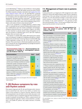 uncontrolled bleeding.451
Dialysis can also be effective in reducing dabiga­
tran concentration. Andexanet alfa rapidly reverses the activity of factor
Xa inhibitors (apixaban, edoxaban, rivaroxaban) (see Supplementary data
online, Additional evidence Table S14). An open-label RCT comparing
andexanet alfa to usual care in patients presenting with acute ICH within
6 h of symptom onset was stopped early due to improved control of
bleeding after 450 patients had been randomized.452
As DOAC-specific
antidotes are not yet available in all institutions, prothrombin complex
concentrates are often used in cases of serious bleeding on factor Xa in­
hibitors, with evidence limited to observational studies.453
Due to the complexities of managing bleeding in patients taking
OAC, it is advisable that each institution develop specific policies involv­
ing a multidisciplinary team that includes cardiologists, haematologists,
emergency physicians/intensive care specialists, surgeons, and others.
It is also important to educate patients taking anticoagulants on the
signs and symptoms of bleeding events and to alert their healthcare
provider when such events occur.335
The decision to reinstate OAC will be determined by the severity,
cause, and subsequent management of bleeding, preferably by a multidis­
ciplinary team and with close monitoring. Failure to reinstitute OAC after
a bleed significantly increases the risk of MI, stroke, and death.454
However, if the cause of severe or life-threatening bleeds cannot be trea­
ted or reversed, the risk of ongoing bleeding may outweigh the benefit of
thromboembolic protection.335
7. [R] Reduce symptoms by rate
and rhythm control
Most patients diagnosed with AF will need therapies and/or interven­
tions to control heart rate, revert to sinus rhythm, or maintain sinus
rhythm to limit symptoms or improve outcomes. While the concept
of choosing between rate and rhythm control is often discussed, in real­
ity most patients require a combination approach which should be con­
sciously re-evaluated during follow-up. Within a patient-centred and
shared-management approach, rhythm control should be a consider­
ation in all suitable AF patients, with explicit discussion of benefits
and risks.
7.1. Management of heart rate in patients
with AF
Limiting tachycardia is an integral part of AF management and is often
sufficient to improve AF-related symptoms. Rate control is indicated as
initial therapy in the acute setting, in combination with rhythm control
therapies, or as the sole treatment strategy to control heart rate and
reduce symptoms. Limited evidence exists to inform the best type
and intensity of rate control treatment.457
The approach to heart
rate control presented in Figure 7 can be used for all types of AF, includ­
ing paroxysmal, persistent, and permanent AF.
Recommendation Table 14 — Recommendations for
heart rate control in patients with AF (see also
Evidence Table 14)
Recommendations Classa
Levelb
Rate control therapy is recommended in patients
with AF, as initial therapy in the acute setting, an
adjunct to rhythm control therapies, or as a sole
treatment strategy to control heart rate and reduce
symptoms.458–460
I B
Beta-blockers, diltiazem, verapamil, or digoxin are
recommended as first-choice drugs in patients with
AF and LVEF >40% to control heart rate and reduce
symptoms.48,461,462
I B
Beta-blockers and/or digoxin are recommended in
patients with AF and LVEF ≤40% to control heart
rate and reduce symptoms.40,185,463–465
I B
Combination rate control therapy should be
considered if a single drug does not control
symptoms or heart rate in patients with AF,
providing that bradycardia can be avoided, to control
heart rate and reduce symptoms.
IIa C
Lenient rate control with a resting heart rate of
< 110 b.p.m. should be considered as the initial
target for patients with AF, with stricter control
reserved for those with continuing AF-related
symptoms.459,460,466
IIa B
Atrioventricular node ablation in combination with
pacemaker implantation should be considered in
patients unresponsive to, or ineligible for, intensive
rate and rhythm control therapy to control heart
rate and reduce symptoms.467–469
IIa B
Atrioventricular node ablation combined with
cardiac resynchronization therapy should be
considered in severely symptomatic patients with
permanent AF and at least one hospitalization for HF
to reduce symptoms, physical limitations, recurrent
HF hospitalization, and mortality.470,471
IIa B
Intravenous amiodarone, digoxin, esmolol, or
landiolol may be considered in patients with AF who
have haemodynamic instability or severely depressed
LVEF to achieve acute control of heart rate.472,473
IIb B
©
ESC
2024
AF, atrial fibrillation; b.p.m., beats per minute; HF, heart failure; LVEF, left ventricular
ejection fraction.
a
Class of recommendation.
b
Level of evidence.
Recommendation Table 13 — Recommendations for
management of bleeding in anticoagulated patients
(see also Evidence Table 13)
Recommendations Classa
Levelb
Interrupting anticoagulation and performing
diagnostic or treatment interventions is
recommended in AF patients with active bleeding
until the cause of bleeding is identified and resolved.
I C
Prothrombin complex concentrates should be
considered in AF patients on VKAs who develop a
life-threatening bleed, or bleed into a critical site, to
reverse the antithrombotic effect.450
IIa C
Specific antidotes should be considered in AF
patients on a DOAC who develop a life-threatening
bleed, or bleed into a critical site, to reverse the
antithrombotic effect.451,455,456
IIa B
©
ESC
2024
AF, atrial fibrillation; DOAC, direct oral anticoagulant; VKA, vitamin K antagonist.
a
Class of recommendation.
b
Level of evidence.
ESC Guidelines 3351
Downloaded
from
https://academic.oup.com/eurheartj/article/45/36/3314/7738779
by
guest
on
21
October
2024
 