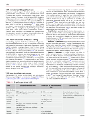 7.1.1. Indications and target heart rate
The optimal heart rate target in AF patients depends on the setting,
symptom burden, presence of heart failure, and whether rate control
is combined with a rhythm control strategy. In the RACE II (Rate
Control Efficacy in Permanent Atrial Fibrillation) RCT of patients
with permanent AF, lenient rate control (target heart rate <110 [beats
per minute] b.p.m.) was non-inferior to a strict approach (<80 b.p.m. at
rest; <110 b.p.m. during exercise; Holter for safety) for a composite of
clinical events, NYHA class, or hospitalization.186,459
Similar results
were found in a post-hoc combined analysis from the AFFIRM (Atrial
Fibrillation Follow-up Investigation of Rhythm Management) and the
RACE (Rate Control versus Electrical cardioversion) studies.474
Therefore, lenient rate control is an acceptable initial approach, unless
there are ongoing symptoms or suspicion of tachycardia-induced car­
diomyopathy, where stricter targets may be indicated.
7.1.2. Heart rate control in the acute setting
In acute settings, physicians should always evaluate and manage under­
lying causes for the initiation of AF prior to, or in parallel to, instituting
acute rate and/or rhythm control. These include treating sepsis, addres­
sing fluid overload, or managing cardiogenic shock. The choice of drug
(Table 12) will depend on the patient’s characteristics, presence of heart
failure and LVEF, and haemodynamic profile (Figure 7). In general for
acute rate control, beta-blockers (for all LVEF) and diltiazem/verapamil
(for LVEF >40%) are preferred over digoxin because of their more
rapid onset of action and dose-dependent effects.462,475,476
More se­
lective beta-1 receptor blockers have a better efficacy and safety profile
than unselective beta-blockers.477
Combination therapy with digoxin
may be required in acute settings (combination of beta-blockers with
diltiazem/verapamil should be avoided except in closely monitored
situations).177,478
In selected patients who are haemodynamically
unstable or with severely impaired LVEF, intravenous amiodarone,
landiolol, or digoxin can be used.472,473,479
7.1.3. Long-term heart rate control
Pharmacological rate control can be achieved with beta-blockers,
diltiazem, verapamil, digoxin, or combination therapy (Table 12) (see
Supplementary data online, Additional Evidence Table S15).480
The choice of rate control drugs depends on symptoms, comorbid­
ities, and the potential for side effects and interactions. Combination
therapy of different rate-controlling drugs should be considered only
when needed to achieve the target heart rate, and careful follow-up
to avoid bradycardia is advised. Combining beta-blockers with verap­
amil or diltiazem should only be performed in secondary care
with regular monitoring of heart rate by 24 h ECG to check for
bradycardia.459
Some antiarrhythmic drugs (AADs) also have rate-
limiting properties (e.g. amiodarone, sotalol), but they should generally
be used only for rhythm control. Dronedarone should not be instituted
for rate control since it increases rates of heart failure, stroke, and
cardiovascular death in permanent AF.481
Beta-blockers, specifically beta-1 selective adrenoreceptor an­
tagonists, are often first-line rate-controlling agents largely based on
their acute effect on heart rate and the beneficial effects demonstrated
in patients with chronic HFrEF. However, the prognostic benefit of
beta-blockers seen in HFrEF patients with sinus rhythm may not be pre­
sent in patients with AF.133,482
Verapamil and diltiazem are non-dihydropyridine calcium channel
blockers. They provide rate control461
and have a different adverse effect
profile, making verapamil or diltiazem useful for those experiencing side
effects from beta-blockers.483
In a 60 patient crossover RCT, verapamil
and diltiazem did not lead to the same reduction in exercise capacity as
seen with beta-blockers, and had a beneficial impact on BNP.480
Digoxin and digitoxin are cardiac glycosides that inhibit the
sodium–potassium adenosine triphosphatase and augment parasympa­
thetic tone. In RCTs, there is no association between the use of digoxin
and any increase in all-cause mortality.185,484
Lower doses of digoxin
may be associated with better prognosis.185
Serum digoxin concentra­
tions can be monitored to avoid toxicity,485
especially in patients at
higher risk due to older age, renal dysfunction, or use of interacting
medications. In RATE-AF (RAte control Therapy Evaluation in perman­
ent Atrial Fibrillation), a trial in patients with symptomatic permanent
AF, there was no difference between low-dose digoxin and bisoprolol
for patient-reported quality of life outcomes at 6 months. However,
those randomized to digoxin demonstrated fewer adverse effects, a
greater improvement in mEHRA and NYHA scores, and a reduction
in BNP.48
Two ongoing RCTs are addressing digoxin and digitoxin
use in patients with HFrEF with and without AF (EudraCT-
2013-005326-38, NCT03783429).486
Table 12 Drugs for rate control in AF
Agenta
Intravenous administration Usual range for oral maintenance
dose
Contraindicated
Beta-blockersb
Metoprolol
tartrate
2.5–5 mg bolus over 2 mins; up to 15 mg
maximal cumulative dose
25–100 mg twice daily In case of asthma, non-selective
beta-blockers should be avoided.
Contraindicated in acute HF and history of
severe bronchospasm.
Metoprolol XL
(succinate)
N/A 50–200 mg once daily
Bisoprolol N/A 1.25–20 mg once daily
Atenololc
N/A 25–100 mg once daily
Esmolol 500 µg/kg i.v. bolus over 1 min; followed by
50–300 µg/kg/min
N/A
Landiolol 100 µg/kg i.v. bolus over 1 min; followed by
10–40 µg/kg/min
N/A
Nebivolol N/A 2.5–10 mg once daily
Carvedilol N/A 3.125–50 mg twice daily
Continued
3352 ESC Guidelines
Downloaded
from
https://academic.oup.com/eurheartj/article/45/36/3314/7738779
by
guest
on
21
October
2024
 