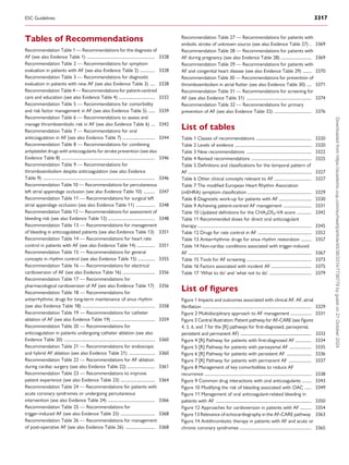 Tables of Recommendations
Recommendation Table 1 — Recommendations for the diagnosis of
AF (see also Evidence Table 1) ....................................................................... 3328
Recommendation Table 2 — Recommendations for symptom
evaluation in patients with AF (see also Evidence Table 2) ................ 3328
Recommendation Table 3 — Recommendations for diagnostic
evaluation in patients with new AF (see also Evidence Table 3) ..... 3328
Recommendation Table 4 — Recommendations for patient-centred
care and education (see also Evidence Table 4) ...................................... 3332
Recommendation Table 5 — Recommendations for comorbidity
and risk factor management in AF (see also Evidence Table 5) ....... 3339
Recommendation Table 6 — Recommendations to assess and
manage thromboembolic risk in AF (see also Evidence Table 6) .... 3342
Recommendation Table 7 — Recommendations for oral
anticoagulation in AF (see also Evidence Table 7) .................................. 3344
Recommendation Table 8 — Recommendations for combining
antiplatelet drugs with anticoagulants for stroke prevention (see also
Evidence Table 8) .................................................................................................. 3346
Recommendation Table 9 — Recommendations for
thromboembolism despite anticoagulation (see also Evidence
Table 9) ..................................................................................................................... 3346
Recommendation Table 10 — Recommendations for percutaneous
left atrial appendage occlusion (see also Evidence Table 10) ............ 3347
Recommendation Table 11 — Recommendations for surgical left
atrial appendage occlusion (see also Evidence Table 11) .................... 3348
Recommendation Table 12 — Recommendations for assessment of
bleeding risk (see also Evidence Table 12) ................................................. 3348
Recommendation Table 13 — Recommendations for management
of bleeding in anticoagulated patients (see also Evidence Table 13) 3351
Recommendation Table 14 — Recommendations for heart rate
control in patients with AF (see also Evidence Table 14) ................... 3351
Recommendation Table 15 — Recommendations for general
concepts in rhythm control (see also Evidence Table 15) .................. 3355
Recommendation Table 16 — Recommendations for electrical
cardioversion of AF (see also Evidence Table 16) .................................. 3356
Recommendation Table 17 — Recommendations for
pharmacological cardioversion of AF (see also Evidence Table 17) 3356
Recommendation Table 18 — Recommendations for
antiarrhythmic drugs for long-term maintenance of sinus rhythm
(see also Evidence Table 18) ............................................................................ 3358
Recommendation Table 19 — Recommendations for catheter
ablation of AF (see also Evidence Table 19) ............................................. 3359
Recommendation Table 20 — Recommendations for
anticoagulation in patients undergoing catheter ablation (see also
Evidence Table 20) ............................................................................................... 3360
Recommendation Table 21 — Recommendations for endoscopic
and hybrid AF ablation (see also Evidence Table 21) ........................... 3360
Recommendation Table 22 — Recommendations for AF ablation
during cardiac surgery (see also Evidence Table 22) ............................. 3361
Recommendation Table 23 — Recommendations to improve
patient experience (see also Evidence Table 23) .................................... 3364
Recommendation Table 24 — Recommendations for patients with
acute coronary syndromes or undergoing percutaneous
intervention (see also Evidence Table 24) ................................................. 3366
Recommendation Table 25 — Recommendations for
trigger-induced AF (see also Evidence Table 25) .................................... 3368
Recommendation Table 26 — Recommendations for management
of post-operative AF (see also Evidence Table 26) ............................... 3368
Recommendation Table 27 — Recommendations for patients with
embolic stroke of unknown source (see also Evidence Table 27) .. 3369
Recommendation Table 28 — Recommendations for patients with
AF during pregnancy (see also Evidence Table 28) ................................ 3369
Recommendation Table 29 — Recommendations for patients with
AF and congenital heart disease (see also Evidence Table 29) ......... 3370
Recommendation Table 30 — Recommendations for prevention of
thromboembolism in atrial flutter (see also Evidence Table 30) ..... 3371
Recommendation Table 31 — Recommendations for screening for
AF (see also Evidence Table 31) .................................................................... 3374
Recommendation Table 32 — Recommendations for primary
prevention of AF (see also Evidence Table 32) ....................................... 3376
List of tables
Table 1 Classes of recommendations .......................................................... 3320
Table 2 Levels of evidence ................................................................................ 3320
Table 3 New recommendations .................................................................... 3322
Table 4 Revised recommendations ............................................................... 3325
Table 5 Definitions and classifications for the temporal pattern of
AF ................................................................................................................................. 3327
Table 6 Other clinical concepts relevant to AF ....................................... 3327
Table 7 The modified European Heart Rhythm Association
(mEHRA) symptom classification ................................................................... 3329
Table 8 Diagnostic work-up for patients with AF .................................. 3330
Table 9 Achieving patient-centred AF management ............................. 3331
Table 10 Updated definitions for the CHA2DS2-VA score ............... 3342
Table 11 Recommended doses for direct oral anticoagulant
therapy ....................................................................................................................... 3345
Table 12 Drugs for rate control in AF ........................................................ 3352
Table 13 Antiarrhythmic drugs for sinus rhythm restoration ........... 3357
Table 14 Non-cardiac conditions associated with trigger-induced
AF ................................................................................................................................. 3367
Table 15 Tools for AF screening .................................................................... 3373
Table 16 Factors associated with incident AF .......................................... 3375
Table 17 ‘What to do’ and ‘what not to do’ ............................................ 3379
List of figures
Figure 1 Impacts and outcomes associated with clinical AF. AF, atrial
fibrillation .................................................................................................................. 3329
Figure 2 Multidisciplinary approach to AF management ...................... 3331
Figure 3 Central illustration. Patient pathway for AF-CARE (see Figures
4, 5, 6, and 7 for the [R] pathways for first-diagnosed, paroxysmal,
persistent and permanent AF) ................................................................................ 3333
Figure 4 [R] Pathway for patients with first-diagnosed AF ................. 3334
Figure 5 [R] Pathway for patients with paroxysmal AF ....................... 3335
Figure 6 [R] Pathway for patients with persistent AF .......................... 3336
Figure 7 [R] Pathway for patients with permanent AF ........................ 3337
Figure 8 Management of key comorbidities to reduce AF
recurrence ................................................................................................................ 3338
Figure 9 Common drug interactions with oral anticoagulants .......... 3343
Figure 10 Modifying the risk of bleeding associated with OAC ....... 3349
Figure 11 Management of oral anticoagulant-related bleeding in
patients with AF .................................................................................................... 3350
Figure 12 Approaches for cardioversion in patients with AF ............ 3354
Figure 13 Relevance of echocardiography in the AF-CARE pathway 3363
Figure 14 Antithrombotic therapy in patients with AF and acute or
chronic coronary syndromes ........................................................................... 3365
ESC Guidelines 3317
Downloaded
from
https://academic.oup.com/eurheartj/article/45/36/3314/7738779
by
guest
on
21
October
2024
 