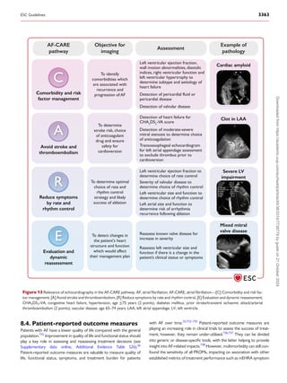 8.4. Patient-reported outcome measures
Patients with AF have a lower quality of life compared with the general
population.732
Improvement in quality of life and functional status should
play a key role in assessing and reassessing treatment decisions (see
Supplementary data online, Additional Evidence Table S26).36
Patient-reported outcome measures are valuable to measure quality of
life, functional status, symptoms, and treatment burden for patients
with AF over time.55,733–735
Patient-reported outcome measures are
playing an increasing role in clinical trials to assess the success of treat­
ment; however, they remain under-utilized.736,737
They can be divided
into generic or disease-specific tools, with the latter helping to provide
insight into AF-related impacts.738
However, multimorbidity can still con­
found the sensitivity of all PROMs, impacting on association with other
established metrics of treatment performance such as mEHRA symptom
AF-CARE
pathway
Objective for
imaging
To identify
comorbidities which
are associated with
recurrence and
progression of AF
To determine
stroke risk, choice
of anticoagulant
drug and ensure
safety for
cardioversion
To determine optimal
choice of rate and
rhythm control
strategy and likely
success of ablation
To detect changes in
the patient's heart
structure and function
which would affect
their management plan
C
Comorbidity and risk
factor management
R
Reduce symptoms
by rate and
rhythm control
Avoid stroke and
thromboembolism
A
Evaluation and
dynamic
reassessment
E
Assessment
Left ventricular ejection fraction,
wall motion abnormalities, diastolic
indices, right ventricular function and
left ventricular hypertrophy to
determine subtype and aetiology of
heart failure
Detection of valvular disease
Detection of pericardial fluid or
pericardial disease
Detection of heart failure for
CHA2
DS2
-VA score
Transoesophageal echocardiogram
for left atrial appendage assessment
to exclude thrombus prior to
cardioversion
Detection of moderate-severe
mitral stenosis to determine choice
of anticoagulation
Reassess known valve disease for
increase in severity
Reassess left ventricular size and
function if there is a change in the
patient’s clinical status or symptoms
Left ventricular ejection fraction to
determine choice of rate control
Left ventricular size and function to
determine choice of rhythm control
Severity of valvular disease to
determine choice of rhythm control
Left atrial size and function to
determine risk of arrhythmia
recurrence following ablation
Example of
pathology
Cardiac amyloid
Clot in LAA
Severe LV
impairment
Mixed mitral
valve disease
Figure 13 Relevance of echocardiography in the AF-CARE pathway. AF, atrial fibrillation; AF-CARE, atrial fibrillation—[C] Comorbidity and risk fac­
tor management, [A] Avoid stroke and thromboembolism, [R] Reduce symptoms by rate and rhythm control, [E] Evaluation and dynamic reassessment;
CHA2DS2-VA, congestive heart failure, hypertension, age ≥75 years (2 points), diabetes mellitus, prior stroke/transient ischaemic attack/arterial
thromboembolism (2 points), vascular disease, age 65–74 years; LAA, left atrial appendage; LV, left ventricle.
ESC Guidelines 3363
Downloaded
from
https://academic.oup.com/eurheartj/article/45/36/3314/7738779
by
guest
on
21
October
2024
 