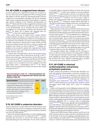 9.9. AF-CARE in congenital heart disease
Survival of patients with congenital heart disease has increased over
time, but robust data on the management of AF are missing and avail­
able evidence is derived mainly from observational studies. Oral anti­
coagulants are recommended for all patients with AF and intracardiac
repair, cyanotic congenital heart disease, Fontan palliation, or systemic
right ventricle irrespective of the individuals’ thromboembolic risk
factors.897
Patients with AF and other congenital heart diseases should
follow the general risk stratification for OAC use in AF (i.e. depending
on the thromboembolic risk or CHA2DS2-VA score). Direct oral
anticoagulants are contraindicated in patients with mechanical heart
valves,331
but appear safe in patients with congenital heart dis­
ease,898,899
or those with a valvular bioprosthesis.900,901
Rate control drugs such as selective beta-1 receptor blockers,
verapamil, diltiazem, and digoxin can be used with caution, with moni­
toring for bradycardia and hypotension. Rhythm control strategies such
as amiodarone may be effective, but warrant monitoring for bradycar­
dia. When cardioversion is planned, both 3 weeks of OAC and TOE
should be considered because thrombi are common in patients with
congenital heart disease and atrial arrhythmias.902,903
Ablation ap­
proaches can be successful in patients with congenital heart disease,
but AF recurrence rates may be high (see Supplementary data online,
Additional Evidence Table S30).
In patients with atrial septal defect, closure may be performed be­
fore the fourth decade of life to decrease the risk of AF or AFL.904
Patients with stroke who underwent closure of their PFO may have
an increased risk of AF,905
but in patients with PFO and AF, PFO clos­
ure is not recommended for stroke prevention. AF surgery or cath­
eter ablation can be considered at the time of closure of the atrial
septal defect within a multidisciplinary team.906–908
AF catheter
ablation of late atrial arrhythmias is likely to be effective after surgical
atrial septal closure.909
9.10. AF-CARE in endocrine disorders
Endocrine dysfunction is closely related to AF, both as the direct action
of endocrine hormones and as a consequence of treatments for endo­
crine disease. Optimal management of endocrine disorders is therefore
part of the AF-CARE pathway.910,911
Clinical and subclinical hyperthyroidism, as well as subclinical hypo­
thyroidism, are associated with an increased risk of AF.912,913
Patients
presenting with new-onset or recurrent AF should be tested for
thyroid-stimulating hormone (TSH) levels. The risk of AF is enhanced
in vulnerable patients, including the elderly and those with structural
atrial diseases,914,915
as well as cancer patients on immune checkpoint
inhibitors.916,917
In hyperthyroidism, and even in the euthyroid range,
the risk of AF increases according to the reduction in TSH and elevated
levels of thyroxine.918,919
Moreover, the risk of stroke is higher in
patients with hyperthyroidism, which can be mitigated by treating the
thyroid disorder.920,921
Amiodarone induces thyroid dysfunction in
15%–20% of treated patients, leading to both hypo- and hyperthyroid­
ism,922,923
which warrants referral to an endocrinologist (see
Supplementary data online for further details).
Hypercalcaemia may also induce arrhythmias, but the role of primary
hyperparathyroidism in incident AF is poorly studied. Surgical para­
thyroidectomy has been foundto reduce both supraventricularand ven­
tricular premature beats.924–926
Primary aldosteronism is related to an
increased risk of AF through direct actions and vascular effects,927,928
with a three-fold higher rate of incident AF compared with patients
with essential hypertension.929
Increases in genetically predicted plasma
cortisol are associated with greater risk of AF, and patients with adrenal
incidentalomas with subclinical cortisol secretion have a higher preva­
lence of AF.930,931
Acromegaly may predispose to an increased sub­
strate for AF, with incident AF rates significantly higher than controls
in long-term follow-up, even after adjusting for AF risk factors.932
The association between type 2 diabetes and AF is discussed in
Sections 5.3 (AF recurrence) and Section 10.5 (incident AF). In addition
to insulin-resistance mechanisms typical of type 2 diabetes, the loss of
insulin signalling has recently been associated with electrical changes
that can lead to AF. Type 1 diabetes is associated with an increased
risk of several cardiovascular diseases including AF.933–937
9.11. AF-CARE in inherited
cardiomyopathies and primary
arrhythmia syndromes
A higher incidence and prevalence of AF have been described in pa­
tients with inherited cardiomyopathies and primary arrhythmia syn­
dromes.271,938–970
AF can be the presenting or only clinically overt
feature.969,971–975
AF in these patients is associated with adverse clinical
outcomes,947,954,959,963,965,976–978
and has important implications on
management (see Supplementary data online, Additional Evidence
Table S31). When AF presents at a young age, there should be a careful
interrogation about family history and a search for underlying
disease.979
Rhythm control approaches may be challenging in patients with inher­
ited cardiomyopathies and primary arrhythmia syndromes. For example,
manydrugs have a higher riskof adverse events ormay becontraindicated
(e.g.amiodaroneandsotalolincongenitallongQTsyndrome,andClassIC
AADs in Brugada syndrome) (see Supplementary Data online, Table S6).
Owing to long-term adverse effects, chronic use of amiodarone is prob­
lematic in these typically young individuals. In patients with an implantable
cardioverter defibrillator, AF is a common cause of inappropriate
shocks.959,966,980,981
Programming a single high-rate ventricular fibrillation
zone ≥210–220 b.p.m. with long detection time is safe,950,953,982
and is
suggested in patients without documented slow monomorphic ventricu­
lartachycardia.Implantation ofan atriallead maybeconsidered inthecase
of significant bradycardia with beta-blocker treatment.
Patients with Wolff–Parkinson–White syndrome and AF are at risk
of fast ventricular rates from rapid conduction of atrial electrical activity
to the ventricles via the accessory pathway, potentially leading to ven­
tricular fibrillation and sudden death.983,984
Immediate electrical cardi­
oversion is needed for haemodynamically compromised patients with
Recommendation Table 29 — Recommendations for
patients with AF and congenital heart disease (see also
Evidence Table 29)
Recommendation Classa
Levelb
Oral anticoagulation should be considered in all adult
congenital heart disease patients with AF/AFL and
intracardiac repair, cyanosis, Fontan palliation, or
systemic right ventricle to prevent ischaemic stroke
and thromboembolism, regardless of other
thromboembolic risk factors.897
IIa C
©
ESC
2024
AF, atrial fibrillation; AFL, atrial flutter.
a
Class of recommendation.
b
Level of evidence.
3370 ESC Guidelines
Downloaded
from
https://academic.oup.com/eurheartj/article/45/36/3314/7738779
by
guest
on
21
October
2024
 