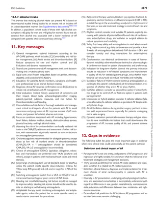 10.5.7. Alcohol intake
The premise that reducing alcohol intake can prevent AF is based on
observational studies linking alcohol to an excess risk of incident AF
in a dose-dependent manner (see Supplementary data online).1220–1222
In addition, a population cohort study of those with high alcohol con­
sumption (>60 g/day for men and >40 g/day for women) found that ab­
stinence from alcohol was associated with a lower incidence of AF
compared with patients who continued heavy drinking.1223
11. Key messages
(1) General management: optimal treatment according to the
AF-CARE pathway, which includes: [C] Comorbidity and risk fac­
tor management; [A] Avoid stroke and thromboembolism; [R]
Reduce symptoms by rate and rhythm control; and [E]
Evaluation and dynamic reassessment.
(2) Shared care: patient-centred AF management with joint decision-
making and a multidisciplinary team.
(3) Equal care: avoid health inequalities based on gender, ethnicity,
disability, and socioeconomic factors.
(4) Education: for patients, family members, caregivers, and health­
care professionals to aid shared decision-making.
(5) Diagnosis: clinical AF requires confirmation on an ECG device to
initiate risk stratification and AF management.
(6) Initial evaluation: medical history, assessment of symptoms and
their impact, blood tests, echocardiography/other imaging,
patient-reported outcome measures, and risk factors for
thromboembolism and bleeding.
(7) Comorbidities and risk factors: thorough evaluation and manage­
ment critical to all aspects of care for patients with AF to avoid
recurrence and progression of AF, improve success of AF treat­
ments, and prevent AF-related adverse outcomes.
(8) Focus on conditions associated with AF: including hypertension,
heart failure, diabetes mellitus, obesity, obstructive sleep apnoea,
physical inactivity, and high alcohol intake.
(9) Assessing the risk of thromboembolism: use locally validated risk
tools or the CHA2DS2-VA score and assessment of other risk fac­
tors, with reassessment at periodic intervals to assist in decisions
on anticoagulant prescription.
(10) Oral anticoagulants: recommended for all eligible patients, except
those at low risk of incident stroke or thromboembolism
(CHA2DS2-VA = 1 anticoagulation should be considered;
CHA2DS2-VA ≥2 anticoagulation recommended).
(11) Choice of anticoagulant: DOACs (apixaban, dabigatran, edoxa­
ban, and rivaroxaban) are preferred over VKAs (warfarin and
others), except in patients with mechanical heart valves and mitral
stenosis.
(12) Dose/range of anticoagulant: use full standard doses for DOACs
unless the patient meets specific dose-reduction criteria; for
VKAs, keep INR generally 2.0–3.0, and in range for >70% of the
time.
(13) Switching anticoagulants: switch from a VKA to DOAC if risk of
intracranial haemorrhage or poor control of INR levels.
(14) Bleeding risk: modifiable bleeding risk factors should be managed
to improve safety; bleeding risk scores should not be used to de­
cide on starting or withdrawing anticoagulants.
(15) Antiplatelet therapy: avoid combining anticoagulants and antipla­
telet agents, unless the patient has an acute vascular event or
needs interim treatment for procedures.
(16) Rate control therapy: use beta-blockers (any ejection fraction), di­
goxin (any ejection fraction), or diltiazem/verapamil (LVEF >40%)
as initial therapy in the acute setting, an adjunct to rhythm control
therapies, or as a sole treatment strategy to control heart rate and
symptoms.
(17) Rhythm control: consider in all suitable AF patients, explicitly dis­
cussing with patients all potential benefits and risks of cardiover­
sion, antiarrhythmic drugs, and catheter or surgical ablation to
reduce symptoms and morbidity.
(18) Safety first: keep safety and anticoagulation in mind when consid­
ering rhythm control; e.g. delay cardioversion and provide at least
3 weeks of anticoagulation beforehand if AF duration >24 h, and
consider toxicity and drug interactions for antiarrhythmic
therapy.
(19) Cardioversion: use electrical cardioversion in cases of haemo­
dynamic instability; otherwise choose electrical or pharmacologic­
al cardioversion based on patient characteristics and preferences.
(20) Indication for long-term rhythm control: the primary indication
should be reduction in AF-related symptoms and improvement
in quality of life; for selected patient groups, sinus rhythm main­
tenance can be pursued to reduce morbidity and mortality.
(21) Success or failure of rhythm control: continue anticoagulation ac­
cording to the patient’s individual risk of thromboembolism, irre­
spective of whether they are in AF or sinus rhythm.
(22) Catheter ablation: consider as second-line option if antiarrhyth­
mic drugs fail to control AF, or first-line option in patients with
paroxysmal AF.
(23) Endoscopic or hybrid ablation: consider if catheter ablation fails,
or an alternative to catheter ablation in persistent AF despite anti­
arrhythmic drugs.
(24) Atrial fibrillation ablation during cardiac surgery: perform in cen­
tres with experienced teams, especially for patients undergoing
mitral valve surgery.
(25) Dynamic evaluation: periodically reassess therapy and give atten­
tion to new modifiable risk factors that could slow/reverse the
progression of AF, increase quality of life, and prevent adverse
outcomes.
12. Gaps in evidence
The following bullet list gives the most important gaps in evidence
where new clinical trials could substantially aid the patient pathway:
Definition and clinical impact of AF
• Paroxysmal AF is not one entity, and patterns of AF progression and
regression are highly variable. It is uncertain what the relevance is for
treatment strategies and management decisions.
• Thirty seconds as definition for clinical AF needs validation and evalu­
ation whether it is related to AF-related outcomes.
• Definition, clinical features, diagnosis, and implementation for treat­
ment choices of atrial cardiomyopathy in patients with AF is
unsettled.
• Diversity in AF presentation, underlying pathophysiological mechan­
isms, and associated comorbidities is incompletely understood with
regard to differences in sex, gender, race/ethnicity, socioeconomic
state, education, and differences between low-, moderate-, and high-
income countries.
• Personalized risk prediction for AF incidence, AF progression, and as­
sociated outcomes remains challenging.
ESC Guidelines 3377
Downloaded
from
https://academic.oup.com/eurheartj/article/45/36/3314/7738779
by
guest
on
21
October
2024
 