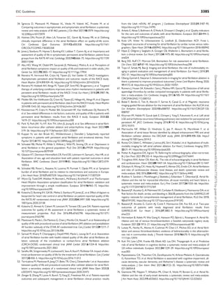34. Sgreccia D, Manicardi M, Malavasi VL, Vitolo M, Valenti AC, Proietti M, et al.
Comparing outcomes in asymptomatic and symptomatic atrial fibrillation: a systematic
review and meta-analysis of 81,462 patients. J Clin Med 2021;10:3979. https://doi.org/
10.3390/jcm10173979
35. Holmes DN, Piccini JP, Allen LA, Fonarow GC, Gersh BJ, Kowey PR, et al. Defining
clinically important difference in the atrial fibrillation effect on quality-of-life score.
Circ Cardiovasc Qual Outcomes 2019;12:e005358. https://doi.org/10.1161/
CIRCOUTCOMES.118.005358
36. Jones J, Stanbury M, Haynes S, Bunting KV, Lobban T, Camm AJ, et al. Importance and
assessment of quality of life in symptomatic permanent atrial fibrillation: patient focus
groups from the RATE-AF trial. Cardiology 2020;145:666–75. https://doi.org/10.1159/
000511048
37. Abu HO, Wang W, Otabil EM, Saczynski JS, Mehawej J, Mishra A, et al. Perception of
atrial fibrillation symptoms: impact on quality of life and treatment in older adults. J Am
Geriatr Soc 2022;70:2805–17. https://doi.org/10.1111/jgs.17954
38. Rienstra M, Vermond RA, Crijns HJ, Tijssen JG, Van Gelder IC; RACE Investigators.
Asymptomatic persistent atrial fibrillation and outcome: results of the RACE study.
Heart Rhythm 2014;11:939–45. https://doi.org/10.1016/j.hrthm.2014.03.016
39. Rienstra M, Hobbelt AH, Alings M, Tijssen JGP, Smit MD, Brugemann J, et al. Targeted
therapy of underlying conditions improves sinus rhythm maintenance in patients with
persistent atrial fibrillation: results of the RACE 3 trial. Eur Heart J 2018;39:2987–96.
https://doi.org/10.1093/eurheartj/ehx739
40. Mulder BA, Van Veldhuisen DJ, Crijns HJ, Tijssen JG, Hillege HL, Alings M, et al. Digoxin
in patients with permanent atrial fibrillation: data from the RACE II study. Heart Rhythm
2014;11:1543–50. https://doi.org/10.1016/j.hrthm.2014.06.007
41. Kloosterman M, Crijns H, Mulder BA, Groenveld HF, Van Veldhuisen DJ, Rienstra M,
et al. Sex-related differences in risk factors, outcome, and quality of life in patients with
permanent atrial fibrillation: results from the RACE II study. Europace 2020;22:
1619–27. https://doi.org/10.1093/europace/euz300
42. Park YJ, Park JW, Yu HT, Kim TH, Uhm JS, Joung B, et al. Sex difference in atrial fibril­
lation recurrence after catheter ablation and antiarrhythmic drugs. Heart 2023;109:
519–26. https://doi.org/10.1136/heartjnl-2021-320601
43. Kupper N, van den Broek KC, Widdershoven J, Denollet J. Subjectively reported
symptoms in patients with persistent atrial fibrillation and emotional distress. Front
Psychol 2013;4:192. https://doi.org/10.3389/fpsyg.2013.00192
44. Schnabel RB, Michal M, Wilde S, Wiltink J, Wild PS, Sinning CR, et al. Depression in
atrial fibrillation in the general population. PLoS One 2013;8:e79109. https://doi.org/
10.1371/journal.pone.0079109
45. Gleason KT, Dennison Himmelfarb CR, Ford DE, Lehmann H, Samuel L, Han HR, et al.
Association of sex, age and education level with patient reported outcomes in atrial
fibrillation. BMC Cardiovasc Disord 2019;19:85. https://doi.org/10.1186/s12872-019-
1059-6
46. Schnabel RB, Pecen L, Rzayeva N, Lucerna M, Purmah Y, Ojeda FM, et al. Symptom
burden of atrial fibrillation and its relation to interventions and outcome in Europe.
J Am Heart Assoc 2018;7:e007559. https://doi.org/10.1161/JAHA.117.007559
47. Wynn GJ, Todd DM, Webber M, Bonnett L, McShane J, Kirchhof P, et al. The European
Heart Rhythm Association symptom classification for atrial fibrillation: validation and
improvement through a simple modification. Europace 2014;16:965–72. https://doi.
org/10.1093/europace/eut395
48. Kotecha D, Bunting KV, Gill SK, Mehta S, Stanbury M, Jones JC, et al. Effect of digoxin vs
bisoprolol for heart rate control in atrial fibrillation on patient-reported quality of life:
the RATE-AF randomized clinical trial. JAMA 2020;324:2497–508. https://doi.org/10.
1001/jama.2020.23138
49. Kotecha D, Ahmed A, Calvert M, Lencioni M, Terwee CB, Lane DA. Patient-reported
outcomes for quality of life assessment in atrial fibrillation: a systematic review of
measurement properties. PLoS One 2016;11:e0165790. https://doi.org/10.1371/
journal.pone.0165790
50. Mantovan R, Macle L, De Martino G, Chen J, Morillo CA, Novak P, et al. Relationship of
quality of life with procedural success of atrial fibrillation (AF) ablation and postablation
AF burden: substudy of the STAR AF randomized trial. Can J Cardiol 2013;29:1211–7.
https://doi.org/10.1016/j.cjca.2013.06.006
51. Samuel M, Khairy P, Champagne J, Deyell MW, Macle L, Leong-Sit P, et al. Association
of atrial fibrillation burden with health-related quality of life after atrial fibrillation ab­
lation: substudy of the cryoballoon vs contact-force atrial fibrillation ablation
(CIRCA-DOSE) randomized clinical trial. JAMA Cardiol 2021;6:1324–8. https://doi.
org/10.1001/jamacardio.2021.3063
52. Sandhu RK, Smigorowsky M, Lockwood E, Savu A, Kaul P, McAlister FA. Impact of elec­
trical cardioversion on quality of life for the treatment of atrial fibrillation. Can J Cardiol
2017;33:450–5. https://doi.org/10.1016/j.cjca.2016.11.013
53. Terricabras M, Mantovan R, Jiang CY, Betts TR, Chen J, Deisenhofer I, et al. Association
between quality of life and procedural outcome after catheter ablation for atrial fibril­
lation: a secondary analysis of a randomized clinical trial. JAMA Netw Open 2020;3:
e2025473. https://doi.org/10.1001/jamanetworkopen.2020.25473
54. Zenger B, Zhang M, Lyons A, Bunch TJ, Fang JC, Freedman RA, et al. Patient-reported
outcomes and subsequent management in atrial fibrillation clinical practice: results
from the Utah mEVAL AF program. J Cardiovasc Electrophysiol 2020;31:3187–95.
https://doi.org/10.1111/jce.14795
55. Arbelo E, Aktaa S, Bollmann A, D’Avila A, Drossart I, Dwight J, et al. Quality indicators
for the care and outcomes of adults with atrial fibrillation. Europace 2021;23:494–5.
https://doi.org/10.1093/europace/euaa253
56. Kvist LM, Vinter N, Urbonaviciene G, Lindholt JS, Diederichsen ACP, Frost L.
Diagnostic accuracies of screening for atrial fibrillation by cardiac nurses versus radio­
graphers. Open Heart 2019;6:e000942. https://doi.org/10.1136/openhrt-2018-000942
57. Hijazi Z, Oldgren J, Siegbahn A, Granger CB, Wallentin L. Biomarkers in atrial fibrilla­
tion: a clinical review. Eur Heart J 2013;34:1475–80. https://doi.org/10.1093/eurheartj/
eht024
58. Berg DD, Ruff CT, Morrow DA. Biomarkers for risk assessment in atrial fibrillation.
Clin Chem 2021;67:87–95. https://doi.org/10.1093/clinchem/hvaa298
59. Tops LF, Schalij MJ, Bax JJ. Imaging and atrial fibrillation: the role of multimodality im­
aging in patient evaluation and management of atrial fibrillation. Eur Heart J 2010;31:
542–51. https://doi.org/10.1093/eurheartj/ehq005
60. Obeng-Gyimah E, Nazarian S. Advancements in imaging for atrial fibrillation ablation: is
there a potential to improve procedural outcomes? J Innov Card Rhythm Manag 2020;
11:4172–8. https://doi.org/10.19102/icrm.2020.110701
61. Romero J, Husain SA, Kelesidis I, Sanz J, Medina HM, Garcia MJ. Detection of left atrial
appendage thrombus by cardiac computed tomography in patients with atrial fibrilla­
tion: a meta-analysis. Circ Cardiovasc Imaging 2013;6:185–94. https://doi.org/10.1161/
CIRCIMAGING.112.000153
62. Bisbal F, Benito E, Teis A, Alarcón F, Sarrias A, Caixal G, et al. Magnetic resonance
imaging-guided fibrosis ablation for the treatment of atrial fibrillation: the ALICIA trial.
Circ Arrhythm Electrophysiol 2020;13:e008707. https://doi.org/10.1161/CIRCEP.120.
008707
63. Khurram IM, Habibi M, Gucuk Ipek E, Chrispin J, Yang E, Fukumoto K, et al. Left atrial
LGE and arrhythmia recurrence following pulmonary vein isolation for paroxysmal and
persistent AF. JACC Cardiovasc Imaging 2016;9:142–8. https://doi.org/10.1016/j.jcmg.
2015.10.015
64. Marrouche NF, Wilber D, Hindricks G, Jais P, Akoum N, Marchlinski F, et al.
Association of atrial tissue fibrosis identified by delayed enhancement MRI and atrial
fibrillation catheter ablation: the DECAAF study. JAMA 2014;311:498–506. https://
doi.org/10.1001/jama.2014.3
65. Roney CH, Sillett C, Whitaker J, Lemus JAS, Sim I, Kotadia I, et al. Applications of multi­
modality imaging for left atrial catheter ablation. Eur Heart J Cardiovasc Imaging 2021;
23:31–41. https://doi.org/10.1093/ehjci/jeab205
66. Potter A, Augustine DX, Ingram TE. Referring for echocardiography: when not to test.
Br J Gen Pract 2021;71:333–4. https://doi.org/10.3399/bjgp21X716441
67. Troughton RW, Asher CR, Klein AL. The role of echocardiography in atrial fibrillation
and cardioversion. Heart 2003;89:1447–54. https://doi.org/10.1136/heart.89.12.1447
68. Odutayo A, Wong CX, Hsiao AJ, Hopewell S, Altman DG, Emdin CA. Atrial fibrillation
and risks of cardiovascular disease, renal disease, and death: systematic review and
meta-analysis. BMJ 2016;354:i4482. https://doi.org/10.1136/bmj.i4482
69. Ruddox V, Sandven I, Munkhaugen J, Skattebu J, Edvardsen T, Otterstad JE. Atrial fib­
rillation and the risk for myocardial infarction, all-cause mortality and heart failure: a
systematic review and meta-analysis. Eur J Prev Cardiol 2017;24:1555–66. https://doi.
org/10.1177/2047487317715769
70. Bassand JP, Accetta G, Al Mahmeed W, Corbalan R, Eikelboom J, Fitzmaurice DA, et al.
Risk factors for death, stroke, and bleeding in 28,628 patients from the GARFIELD-AF
registry: rationale for comprehensive management of atrial fibrillation. PLoS One 2018;
13:e0191592. https://doi.org/10.1371/journal.pone.0191592
71. Bassand JP, Accetta G, Camm AJ, Cools F, Fitzmaurice DA, Fox KA, et al. Two-year
outcomes of patients with newly diagnosed atrial fibrillation: results from
GARFIELD-AF. Eur Heart J 2016;37:2882–9. https://doi.org/10.1093/eurheartj/
ehw233
72. Hornestam B, Adiels M, Wai Giang K, Hansson PO, Björck L, Rosengren A. Atrial fib­
rillation and risk of venous thromboembolism: a Swedish nationwide registry study.
Europace 2021;23:1913–21. https://doi.org/10.1093/europace/euab180
73. Lutsey PL, Norby FL, Alonso A, Cushman M, Chen LY, Michos ED, et al. Atrial fibril­
lation and venous thromboembolism: evidence of bidirectionality in the atheroscler­
osis risk in communities study. J Thromb Haemost 2018;16:670–9. https://doi.org/10.
1111/jth.13974
74. Koh YH, Lew LZW, Franke KB, Elliott AD, Lau DH, Thiyagarajah A, et al. Predictive
role of atrial fibrillation in cognitive decline: a systematic review and meta-analysis of
2.8 million individuals. Europace 2022;24:1229–39. https://doi.org/10.1093/europace/
euac003
75. Papanastasiou CA, Theochari CA, Zareifopoulos N, Arfaras-Melainis A, Giannakoulas
G, Karamitsos TD, et al. Atrial fibrillation is associated with cognitive impairment, all-
cause dementia, vascular dementia, and Alzheimer’s disease: a systematic review and
meta-analysis. J Gen Intern Med 2021;36:3122–35. https://doi.org/10.1007/s11606-
021-06954-8
76. Giannone ME, Filippini T, Whelton PK, Chiari A, Vitolo M, Boriani G, et al. Atrial fib­
rillation and the risk of early-onset dementia: a systematic review and meta-analysis.
J Am Heart Assoc 2022;11:e025653. https://doi.org/10.1161/JAHA.122.025653
ESC Guidelines 3385
Downloaded
from
https://academic.oup.com/eurheartj/article/45/36/3314/7738779
by
guest
on
21
October
2024
 