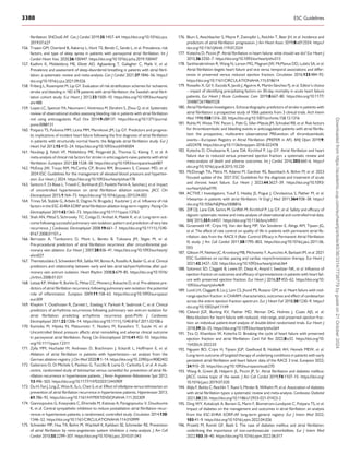 fibrillation: SNOozE-AF. Can J Cardiol 2019;35:1457–64. https://doi.org/10.1016/j.cjca.
2019.07.627
156. Traaen GM, Overland B, Aakeroy L, Hunt TE, Bendz C, Sande L, et al. Prevalence, risk
factors, and type of sleep apnea in patients with paroxysmal atrial fibrillation. Int J
Cardiol Heart Vasc 2020;26:100447. https://doi.org/10.1016/j.ijcha.2019.100447
157. Kadhim K, Middeldorp ME, Elliott AD, Agbaedeng T, Gallagher C, Malik V, et al.
Prevalence and assessment of sleep-disordered breathing in patients with atrial fibril­
lation: a systematic review and meta-analysis. Can J Cardiol 2021;37:1846–56. https://
doi.org/10.1016/j.cjca.2021.09.026
158. Friberg L, Rosenqvist M, Lip GY. Evaluation of risk stratification schemes for ischaemic
stroke and bleeding in 182 678 patients with atrial fibrillation: the Swedish atrial fibril­
lation cohort study. Eur Heart J 2012;33:1500–10. https://doi.org/10.1093/eurheartj/
ehr488
159. Lopes LC, Spencer FA, Neumann I, Ventresca M, Ebrahim S, Zhou Q, et al. Systematic
review of observational studies assessing bleeding risk in patients with atrial fibrillation
not using anticoagulants. PLoS One 2014;9:e88131. https://doi.org/10.1371/journal.
pone.0088131
160. Potpara TS, Polovina MM, Licina MM, Marinkovic JM, Lip GY. Predictors and prognos­
tic implications of incident heart failure following the first diagnosis of atrial fibrillation
in patients with structurally normal hearts: the Belgrade atrial fibrillation study. Eur J
Heart Fail 2013;15:415–24. https://doi.org/10.1093/eurjhf/hft004
161. Noubiap JJ, Feteh VF, Middeldorp ME, Fitzgerald JL, Thomas G, Kleinig T, et al. A
meta-analysis of clinical risk factors for stroke in anticoagulant-naive patients with atrial
fibrillation. Europace 2021;23:1528–38. https://doi.org/10.1093/europace/euab087
162. McEvoy JW, Touyz RM, McCarthy CP, Bruno RM, Brouwers S, Canavan MD, et al.
2024 ESC Guidelines for the management of elevated blood pressure and hyperten­
sion. Eur Heart J 2024. https://doi.org/10.1093/eurheartj/ehae178
163. Santoro F, Di Biase L, Trivedi C, Burkhardt JD, Paoletti Perini A, Sanchez J, et al. Impact
of uncontrolled hypertension on atrial fibrillation ablation outcome. JACC Clin
Electrophysiol 2015;1:164–73. https://doi.org/10.1016/j.jacep.2015.04.002
164. Trines SA, Stabile G, Arbelo E, Dagres N, Brugada J, Kautzner J, et al. Influence of risk
factors in the ESC-EHRA EORP atrial fibrillation ablation long-term registry. Pacing Clin
Electrophysiol 2019;42:1365–73. https://doi.org/10.1111/pace.13763
165. Shah AN, Mittal S, Sichrovsky TC, Cotiga D, Arshad A, Maleki K, et al. Long-term out­
come following successful pulmonary vein isolation: pattern and prediction of very late
recurrence. J Cardiovasc Electrophysiol 2008;19:661–7. https://doi.org/10.1111/j.1540-
8167.2008.01101.x
166. Berruezo A, Tamborero D, Mont L, Benito B, Tolosana JM, Sitges M, et al.
Pre-procedural predictors of atrial fibrillation recurrence after circumferential pul­
monary vein ablation. Eur Heart J 2007;28:836–41. https://doi.org/10.1093/eurheartj/
ehm027
167. Themistoclakis S, Schweikert RA, Saliba WI, Bonso A, Rossillo A, Bader G, et al. Clinical
predictors and relationship between early and late atrial tachyarrhythmias after pul­
monary vein antrum isolation. Heart Rhythm 2008;5:679–85. https://doi.org/10.1016/
j.hrthm.2008.01.031
168. Letsas KP, Weber R, Burkle G, Mihas CC, Minners J, Kalusche D, et al. Pre-ablative pre­
dictors of atrial fibrillation recurrence following pulmonary vein isolation: the potential
role of inflammation. Europace 2009;11:158–63. https://doi.org/10.1093/europace/
eun309
169. Khaykin Y, Oosthuizen R, Zarnett L, Essebag V, Parkash R, Seabrook C, et al. Clinical
predictors of arrhythmia recurrences following pulmonary vein antrum isolation for
atrial fibrillation: predicting arrhythmia recurrence post-PVAI. J Cardiovasc
Electrophysiol 2011;22:1206–14. https://doi.org/10.1111/j.1540-8167.2011.02108.x
170. Kamioka M, Hijioka N, Matsumoto Y, Nodera M, Kaneshiro T, Suzuki H, et al.
Uncontrolled blood pressure affects atrial remodeling and adverse clinical outcome
in paroxysmal atrial fibrillation. Pacing Clin Electrophysiol 2018;41:402–10. https://doi.
org/10.1111/pace.13311
171. Zylla MM, Hochadel M, Andresen D, Brachmann J, Eckardt L, Hoffmann E, et al.
Ablation of atrial fibrillation in patients with hypertension—an analysis from the
German ablation registry. J Clin Med 2020;9:1–14. https://doi.org/10.3390/jcm9082402
172. Galzerano D, Di Michele S, Paolisso G, Tuccillo B, Lama D, Carbotta S, et al. A multi­
centre, randomized study of telmisartan versus carvedilol for prevention of atrial fib­
rillation recurrence in hypertensive patients. J Renin Angiotensin Aldosterone Syst 2012;
13:496–503. https://doi.org/10.1177/1470320312443909
173. Du H, Fan J, Ling Z, Woo K, Su L, Chen S, et al. Effect of nifedipine versus telmisartan on
prevention of atrial fibrillation recurrence in hypertensive patients. Hypertension 2013;
61:786–92. https://doi.org/10.1161/HYPERTENSIONAHA.111.202309
174. Giannopoulos G, Kossyvakis C, Efremidis M, Katsivas A, Panagopoulou V, Doudoumis
K, et al. Central sympathetic inhibition to reduce postablation atrial fibrillation recur­
rences in hypertensive patients: a randomized, controlled study. Circulation 2014;130:
1346–52. https://doi.org/10.1161/CIRCULATIONAHA.114.010999
175. Schneider MP, Hua TA, Bohm M, Wachtell K, Kjeldsen SE, Schmieder RE. Prevention
of atrial fibrillation by renin-angiotensin system inhibition a meta-analysis. J Am Coll
Cardiol 2010;55:2299–307. https://doi.org/10.1016/j.jacc.2010.01.043
176. Blum S, Aeschbacher S, Meyre P, Zwimpfer L, Reichlin T, Beer JH, et al. Incidence and
predictors of atrial fibrillation progression. J Am Heart Assoc 2019;8:e012554. https://
doi.org/10.1161/JAHA.119.012554
177. Kotecha D, Piccini JP. Atrial fibrillation in heart failure: what should we do? Eur Heart J
2015;36:3250–7. https://doi.org/10.1093/eurheartj/ehv513
178. Santhanakrishnan R, Wang N, Larson MG, Magnani JW, McManus DD, Lubitz SA, et al.
Atrial fibrillation begets heart failure and vice versa: temporal associations and differ­
ences in preserved versus reduced ejection fraction. Circulation 2016;133:484–92.
https://doi.org/10.1161/CIRCULATIONAHA.115.018614
179. Rossello X, Gil V, Escoda R, Jacob J, Aguirre A, Martín-Sánchez FJ, et al. Editor’s choice
– impact of identifying precipitating factors on 30-day mortality in acute heart failure
patients. Eur Heart J Acute Cardiovasc Care 2019;8:667–80. https://doi.org/10.1177/
2048872619869328
180. Atrial Fibrillation Investigators. Echocardiographic predictors of stroke in patients with
atrial fibrillation: a prospective study of 1066 patients from 3 clinical trials. Arch Intern
Med 1998;158:1316–20. https://doi.org/10.1001/archinte.158.12.1316
181. Rohla M, Weiss TW, Pecen L, Patti G, Siller-Matula JM, Schnabel RB, et al. Risk factors
for thromboembolic and bleeding events in anticoagulated patients with atrial fibrilla­
tion: the prospective, multicentre observational PREvention oF thromboembolic
events—European Registry in Atrial Fibrillation (PREFER in AF). BMJ Open 2019;9:
e022478. https://doi.org/10.1136/bmjopen-2018-022478
182. Kotecha D, Chudasama R, Lane DA, Kirchhof P, Lip GY. Atrial fibrillation and heart
failure due to reduced versus preserved ejection fraction: a systematic review and
meta-analysis of death and adverse outcomes. Int J Cardiol 2016;203:660–6. https://
doi.org/10.1016/j.ijcard.2015.10.220
183. McDonagh TA, Metra M, Adamo M, Gardner RS, Baumbach A, Böhm M, et al. 2023
focused update of the 2021 ESC Guidelines for the diagnosis and treatment of acute
and chronic heart failure. Eur Heart J 2023;44:3627–39. https://doi.org/10.1093/
eurheartj/ehad195
184. ACTIVE I Investigators; Yusuf S, Healey JS, Pogue J, Chrolavicius S, Flather M, et al.
Irbesartan in patients with atrial fibrillation. N Engl J Med 2011;364:928–38. https://
doi.org/10.1056/NEJMoa1008816
185. Ziff OJ, Lane DA, Samra M, Griffith M, Kirchhof P, Lip GY, et al. Safety and efficacy of
digoxin: systematic review and meta-analysis of observational and controlled trial data.
BMJ 2015;351:h4451. https://doi.org/10.1136/bmj.h4451
186. Groenveld HF, Crijns HJ, Van den Berg MP, Van Sonderen E, Alings AM, Tijssen JG,
et al. The effect of rate control on quality of life in patients with permanent atrial fib­
rillation: data from the RACE II (Rate Control Efficacy in Permanent Atrial Fibrillation
II) study. J Am Coll Cardiol 2011;58:1795–803. https://doi.org/10.1016/j.jacc.2011.06.
055
187. Glikson M, Nielsen JC, Kronborg MB, Michowitz Y, Auricchio A, Barbash IM, et al. 2021
ESC Guidelines on cardiac pacing and cardiac resynchronization therapy. Eur Heart J
2021;42:3427–520. https://doi.org/10.1093/eurheartj/ehab364
188. Solomon SD, Claggett B, Lewis EF, Desai A, Anand I, Sweitzer NK, et al. Influence of
ejection fraction on outcomes and efficacy of spironolactone in patients with heart fail­
ure with preserved ejection fraction. Eur Heart J 2016;37:455–62. https://doi.org/10.
1093/eurheartj/ehv464
189. Lund LH, Claggett B, Liu J, Lam CS, Jhund PS, Rosano GM, et al. Heart failure with mid-
range ejection fraction in CHARM: characteristics, outcomes and effect of candesartan
across the entire ejection fraction spectrum. Eur J Heart Fail 2018;20:1230–9. https://
doi.org/10.1002/ejhf.1149
190. Cleland JGF, Bunting KV, Flather MD, Altman DG, Holmes J, Coats AJS, et al.
Beta-blockers for heart failure with reduced, mid-range, and preserved ejection frac­
tion: an individual patient-level analysis of double-blind randomized trials. Eur Heart J
2018;39:26–35. https://doi.org/10.1093/eurheartj/ehx564
191. Țica O, Khamboo W, Kotecha D. Breaking the cycle of heart failure with preserved
ejection fraction and atrial fibrillation. Card Fail Rev 2022;8:e32. https://doi.org/10.
15420/cfr.2022.03
192. Nguyen BO, Crijns H, Tijssen JGP, Geelhoed B, Hobbelt AH, Hemels MEW, et al.
Long-term outcome of targeted therapy of underlying conditions in patients with early
persistent atrial fibrillation and heart failure: data of the RACE 3 trial. Europace 2022;
24:910–20. https://doi.org/10.1093/europace/euab270
193. Wang A, Green JB, Halperin JL, Piccini JP, Sr. Atrial fibrillation and diabetes mellitus:
JACC review topic of the week. J Am Coll Cardiol 2019;74:1107–15. https://doi.org/
10.1016/j.jacc.2019.07.020
194. Alijla F, Buttia C, Reichlin T, Razvi S, Minder B, Wilhelm M, et al. Association of diabetes
with atrial fibrillation types: a systematic review and meta-analysis. Cardiovasc Diabetol
2021;20:230. https://doi.org/10.1186/s12933-021-01423-2
195. Ding WY, Kotalczyk A, Boriani G, Marin F, Blomstrom-Lundqvist C, Potpara TS, et al.
Impact of diabetes on the management and outcomes in atrial fibrillation: an analysis
from the ESC-EHRA EORP-AF long-term general registry. Eur J Intern Med 2022;
103:41–9. https://doi.org/10.1016/j.ejim.2022.04.026
196. Proietti M, Romiti GF, Basili S. The case of diabetes mellitus and atrial fibrillation:
underlining the importance of non-cardiovascular comorbidities. Eur J Intern Med
2022;103:38–40. https://doi.org/10.1016/j.ejim.2022.06.017
3388 ESC Guidelines
Downloaded
from
https://academic.oup.com/eurheartj/article/45/36/3314/7738779
by
guest
on
21
October
2024
 