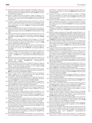 321. Ezekowitz MD, Pollack CV, Jr, Halperin JL, England RD, VanPelt Nguyen S, Spahr J, et al.
Apixaban compared to heparin/vitamin K antagonist in patients with atrial fibrillation
scheduled for cardioversion: the EMANATE trial. Eur Heart J 2018;39:2959–71. https://
doi.org/10.1093/eurheartj/ehy148
322. Savarese G, Giugliano RP, Rosano GM, McMurray J, Magnani G, Filippatos G, et al.
Efficacy and safety of novel oral anticoagulants in patients with atrial fibrillation and
heart failure: a meta-analysis. JACC Heart Fail 2016;4:870–80. https://doi.org/10.1016/
j.jchf.2016.07.012
323. von Lueder TG, Atar D, Agewall S, Jensen JK, Hopper I, Kotecha D, et al. All-cause
mortality and cardiovascular outcomes with non-vitamin K oral anticoagulants versus
warfarin in patients with heart failure in the food and drug administration adverse
event reporting system. Am J Ther 2019;26:e671–8. https://doi.org/10.1097/MJT.
0000000000000883
324. Harrison SL, Buckley BJR, Ritchie LA, Proietti R, Underhill P, Lane DA, et al. Oral antic­
oagulants and outcomes in adults >/=80 years with atrial fibrillation: a global federated
health network analysis. J Am Geriatr Soc 2022;70:2386–92. https://doi.org/10.1111/jgs.
17884
325. Malhotra K, Ishfaq MF, Goyal N, Katsanos AH, Parissis J, Alexandrov AW, et al. Oral
anticoagulation in patients with chronic kidney disease: a systematic review and
meta-analysis. Neurology 2019;92:e2421–31. https://doi.org/10.1212/WNL.00000000
00007534
326. Steffel J, Verhamme P, Potpara TS, Albaladejo P, Antz M, Desteghe L, et al. The 2018
European heart rhythm association practical guide on the use of non-vitamin K antag­
onist oral anticoagulants in patients with atrial fibrillation. Eur Heart J 2018;39:
1330–93. https://doi.org/10.1093/eurheartj/ehy136
327. Rhee TM, Lee SR, Choi EK, Oh S, Lip GYH. Efficacy and safety of oral anticoagulants for
atrial fibrillation patients with chronic kidney disease: a systematic review and
meta-analysis. Front Cardiovasc Med 2022;9:885548. https://doi.org/10.3389/fcvm.
2022.885548
328. Reinecke H, Engelbertz C, Bauersachs R, Breithardt G, Echterhoff HH, Gerß J, et al. A
randomized controlled trial comparing apixaban with the vitamin K antagonist phen­
procoumon in patients on chronic hemodialysis: the AXADIA-AFNET 8 study.
Circulation 2023;147:296–309. https://doi.org/10.1161/CIRCULATIONAHA.122.
062779
329. Pokorney SD, Chertow GM, Al-Khalidi HR, Gallup D, Dignacco P, Mussina K, et al.
Apixaban for patients with atrial fibrillation on hemodialysis: a multicenter randomized
controlled trial. Circulation 2022;146:1735–45. https://doi.org/10.1161/
CIRCULATIONAHA.121.054990
330. De Vriese AS, Caluwé R, Van Der Meersch H, De Boeck K, De Bacquer D. Safety and
efficacy of vitamin K antagonists versus rivaroxaban in hemodialysis patients with atrial
fibrillation: a multicenter randomized controlled trial. J Am Soc Nephrol 2021;32:
1474–83. https://doi.org/10.1681/ASN.2020111566
331. Eikelboom JW, Connolly SJ, Brueckmann M, Granger CB, Kappetein AP, Mack MJ, et al.
Dabigatran versus warfarin in patients with mechanical heart valves. N Engl J Med 2013;
369:1206–14. https://doi.org/10.1056/NEJMoa1300615
332. Wang TY, Svensson LG, Wen J, Vekstein A, Gerdisch M, Rao VU, et al. Apixaban or
warfarin in patients with an on-X mechanical aortic valve. NEJM Evid 2023;2:
EVIDoa2300067. https://doi.org/10.1056/EVIDoa2300067
333. Guimarães HP, Lopes RD, de Barros ESPGM, Liporace IL, Sampaio RO, Tarasoutchi F,
et al. Rivaroxaban in patients with atrial fibrillation and a bioprosthetic mitral valve. N
Engl J Med 2020;383:2117–26. https://doi.org/10.1056/NEJMoa2029603
334. Collet JP, Van Belle E, Thiele H, Berti S, Lhermusier T, Manigold T, et al. Apixaban vs.
standard of care after transcatheter aortic valve implantation: the ATLANTIS trial. Eur
Heart J 2022;43:2783–97. https://doi.org/10.1093/eurheartj/ehac242
335. Steffel J, Collins R, Antz M, Cornu P, Desteghe L, Haeusler KG, et al. 2021 European
heart rhythm association practical guide on the use of non-vitamin K antagonist oral
anticoagulants in patients with atrial fibrillation. Europace 2021;23:1612–76. https://
doi.org/10.1093/europace/euab065
336. Grymonprez M, Carnoy L, Capiau A, Boussery K, Mehuys E, De Backer TL, et al.
Impact of P-glycoprotein and CYP3A4-interacting drugs on clinical outcomes in pa­
tients with atrial fibrillation using non-vitamin K antagonist oral anticoagulants: a na­
tionwide cohort study. Eur Heart J Cardiovasc Pharmacother 2023;9:722–30. https://
doi.org/10.1093/ehjcvp/pvad070
337. Testa S, Legnani C, Antonucci E, Paoletti O, Dellanoce C, Cosmi B, et al. Drug levels
and bleeding complications in atrial fibrillation patients treated with direct oral antic­
oagulants. J Thromb Haemost 2019;17:1064–72. https://doi.org/10.1111/jth.14457
338. Suwa M, Nohara Y, Morii I, Kino M. Safety and efficacy re-evaluation of edoxaban and
rivaroxaban dosing with plasma concentration monitoring in non-valvular atrial fibril­
lation: with observations of on-label and off-label dosing. Circ Rep 2023;5:80–9. https://
doi.org/10.1253/circrep.CR-22-0076
339. Song D, Zhou J, Fan T, Chang J, Qiu Y, Zhuang Z, et al. Decision aids for shared
decision-making and appropriate anticoagulation therapy in patients with atrial fibrilla­
tion: a systematic review and meta-analysis. Eur J Cardiovasc Nurs 2022;21:97–106.
https://doi.org/10.1093/eurjcn/zvab085
340. Vora P, Morgan Stewart H, Russell B, Asiimwe A, Brobert G. Time trends and treat­
ment pathways in prescribing individual oral anticoagulants in patients with nonvalvular
atrial fibrillation: an observational study of more than three million patients from
Europe and the United States. Int J Clin Pract 2022;2022:6707985. https://doi.org/10.
1155/2022/6707985
341. Grymonprez M, Simoens C, Steurbaut S, De Backer TL, Lahousse L. Worldwide
trends in oral anticoagulant use in patients with atrial fibrillation from 2010 to 2018:
a systematic review and meta-analysis. Europace 2022;24:887–98. https://doi.org/10.
1093/europace/euab303
342. De Caterina R, Husted S, Wallentin L, Andreotti F, Arnesen H, Bachmann F, et al.
Vitamin K antagonists in heart disease: current status and perspectives (section III).
Position paper of the ESC working group on thrombosis—task force on anticoagu­
lants in heart disease. Thromb Haemost 2013;110:1087–107. https://doi.org/10.1160/
TH13-06-0443
343. Pandey AK, Xu K, Zhang L, Gupta S, Eikelboom J, Cook O, et al. Lower versus standard
INR targets in atrial fibrillation: a systematic review and meta-analysis of randomized
controlled trials. Thromb Haemost 2020;120:484–94. https://doi.org/10.1055/s-0039-
3401823
344. Sanders P, Svennberg E, Diederichsen SZ, Crijns HJGM, Lambiase PD, Boriani G, et al.
Great debate: device-detected subclinical atrial fibrillation should be treated like clinical at­
rial fibrillation. Eur Heart J 2024;45:2594–603. https://doi.org/10.1093/eurheartj/ehae365
345. ACTIVE Investigators; Connolly SJ, Pogue J, Hart RG, Hohnloser SH, Pfeffer M, et al.
Effect of clopidogrel added to aspirin in patients with atrial fibrillation. N Engl J Med
2009;360:2066–78. https://doi.org/10.1056/NEJMoa0901301
346. Mant J, Hobbs FD, Fletcher K, Roalfe A, Fitzmaurice D, Lip GY, et al. Warfarin versus
aspirin for stroke prevention in an elderly community population with atrial fibrillation
(the Birmingham Atrial Fibrillation Treatment of the Aged Study, BAFTA): a rando­
mised controlled trial. Lancet 2007;370:493–503. https://doi.org/10.1016/S0140-
6736(07)61233-1
347. Lip GY. The role of aspirin for stroke prevention in atrial fibrillation. Nat Rev Cardiol
2011;8:602–6. https://doi.org/10.1038/nrcardio.2011.112
348. ACTIVE Writing Group of the ACTIVE Investigators; Connolly S, Pogue J, Hart R,
Pfeffer M, Hohnloser S, et al. Clopidogrel plus aspirin versus oral anticoagulation for
atrial fibrillation in the Atrial fibrillation Clopidogrel Trial with Irbesartan for preven­
tion of Vascular Events (ACTIVE W): a randomised controlled trial. Lancet 2006;
367:1903–12. https://doi.org/10.1016/S0140-6736(06)68845-4
349. Fox KAA, Velentgas P, Camm AJ, Bassand JP, Fitzmaurice DA, Gersh BJ, et al.
Outcomes associated with oral anticoagulants plus antiplatelets in patients with newly
diagnosed atrial fibrillation. JAMA Netw Open 2020;3:e200107. https://doi.org/10.1001/
jamanetworkopen.2020.0107
350. Verheugt FWA, Gao H, Al Mahmeed W, Ambrosio G, Angchaisuksiri P, Atar D, et al.
Characteristics of patients with atrial fibrillation prescribed antiplatelet monotherapy
compared with those on anticoagulants: insights from the GARFIELD-AF registry. Eur
Heart J 2018;39:464–73. https://doi.org/10.1093/eurheartj/ehx730
351. Steffel J, Eikelboom JW, Anand SS, Shestakovska O, Yusuf S, Fox KAA. The COMPASS
trial: net clinical benefit of low-dose rivaroxaban plus aspirin as compared with aspirin
in patients with chronic vascular disease. Circulation 2020;142:40–8. https://doi.org/10.
1161/CIRCULATIONAHA.120.046048
352. Sharma M, Hart RG, Connolly SJ, Bosch J, Shestakovska O, Ng KKH, et al. Stroke out­
comes in the COMPASS trial. Circulation 2019;139:1134–45. https://doi.org/10.1161/
CIRCULATIONAHA.118.035864
353. Yasuda S, Kaikita K, Akao M, Ako J, Matoba T, Nakamura M, et al. Antithrombotic ther­
apy for atrial fibrillation with stable coronary disease. N Engl J Med 2019;381:1103–13.
https://doi.org/10.1056/NEJMoa1904143
354. Senoo K, Lip GY, Lane DA, Büller HR, Kotecha D. Residual risk of stroke and death in
anticoagulated patients according to the type of atrial fibrillation: AMADEUS trial.
Stroke 2015;46:2523–8. https://doi.org/10.1161/STROKEAHA.115.009487
355. Meinel TR, Branca M, De Marchis GM, Nedeltchev K, Kahles T, Bonati L, et al. Prior
anticoagulation in patients with ischemic stroke and atrial fibrillation. Ann Neurol
2021;89:42–53. https://doi.org/10.1002/ana.25917
356. Polymeris AA, Meinel TR, Oehler H, Hölscher K, Zietz A, Scheitz JF, et al. Aetiology,
secondary prevention strategies and outcomes of ischaemic stroke despite oral anti­
coagulant therapy in patients with atrial fibrillation. J Neurol Neurosurg Psychiatry
2022;93:588–98. https://doi.org/10.1136/jnnp-2021-328391
357. Paciaroni M, Agnelli G, Caso V, Silvestrelli G, Seiffge DJ, Engelter S, et al. Causes and risk
factors of cerebral ischemic events in patients with atrial fibrillation treated with non-
vitamin K antagonist oral anticoagulants for stroke prevention. Stroke 2019;50:
2168–74. https://doi.org/10.1161/STROKEAHA.119.025350
358. Purrucker JC, Hölscher K, Kollmer J, Ringleb PA. Etiology of ischemic strokes of pa­
tients with atrial fibrillation and therapy with anticoagulants. J Clin Med 2020;9:2938.
https://doi.org/10.3390/jcm9092938
359. Paciaroni M, Caso V, Agnelli G, Mosconi MG, Giustozzi M, Seiffge DJ, et al. Recurrent
ischemic stroke and bleeding in patients with atrial fibrillation who suffered an acute
stroke while on treatment with nonvitamin K antagonist oral anticoagulants: the
RENO-EXTEND study. Stroke 2022;53:2620–7. https://doi.org/10.1161/
STROKEAHA.121.038239
360. Smits E, Andreotti F, Houben E, Crijns H, Haas S, Spentzouris G, et al. Adherence and
persistence with once-daily vs twice-daily direct oral anticoagulants among patients
3392 ESC Guidelines
Downloaded
from
https://academic.oup.com/eurheartj/article/45/36/3314/7738779
by
guest
on
21
October
2024
 