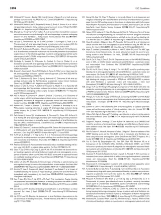 400. Whitlock RP, Vincent J, Blackall MH, Hirsh J, Fremes S, Novick R, et al. Left atrial ap­
pendage occlusion study II (LAAOS II). Can J Cardiol 2013;29:1443–7. https://doi.org/
10.1016/j.cjca.2013.06.015
401. Whitlock RP, Belley-Cote EP, Paparella D, Healey JS, Brady K, Sharma M, et al. Left at­
rial appendage occlusion during cardiac surgery to prevent stroke. N Engl J Med 2021;
384:2081–91. https://doi.org/10.1056/NEJMoa2101897
402. Zhang S, Cui Y, Li J, Tian H, Yun Y, Zhou X, et al. Concomitant transcatheter occlusion
versus thoracoscopic surgical clipping for left atrial appendage in patients undergoing
ablation for atrial fibrillation: a meta-analysis. Front Cardiovasc Med 2022;9:970847.
https://doi.org/10.3389/fcvm.2022.970847
403. van Laar C, Verberkmoes NJ, van Es HW, Lewalter T, Dunnington G, Stark S, et al.
Thoracoscopic left atrial appendage clipping: a multicenter cohort analysis. JACC Clin
Electrophysiol 2018;4:893–901. https://doi.org/10.1016/j.jacep.2018.03.009
404. Kiviniemi T, Bustamante-Munguira J, Olsson C, Jeppsson A, Halfwerk FR, Hartikainen J,
et al. A randomized prospective multicenter trial for stroke prevention by prophylactic
surgical closure of the left atrial appendage in patients undergoing bioprosthetic aortic
valve surgery–LAA-CLOSURE trial protocol. Am Heart J 2021;237:127–34. https://doi.
org/10.1016/j.ahj.2021.03.014
405. Cartledge R, Suwalski G, Witkowska A, Gottlieb G, Cioci A, Chidiac G, et al.
Standalone epicardial left atrial appendage exclusion for thromboembolism prevention
in atrial fibrillation. Interact Cardiovasc Thorac Surg 2022;34:548–55. https://doi.org/10.
1093/icvts/ivab334
406. Branzoli S, Guarracini F, Marini M, D’Onghia G, Penzo D, Piffer S, et al. Heart team for
left atrial appendage occlusion: a patient-tailored approach. J Clin Med 2022;11:176.
https://doi.org/10.3390/jcm11010176
407. Toale C, Fitzmaurice GJ, Eaton D, Lyne J, Redmond KC. Outcomes of left atrial ap­
pendage occlusion using the AtriClip device: a systematic review. Interact Cardiovasc
Thorac Surg 2019;29:655–62. https://doi.org/10.1093/icvts/ivz156
408. Caliskan E, Sahin A, Yilmaz M, Seifert B, Hinzpeter R, Alkadhi H, et al. Epicardial left
atrial appendage AtriClip occlusion reduces the incidence of stroke in patients with
atrial fibrillation undergoing cardiac surgery. Europace 2018;20:e105–14. https://doi.
org/10.1093/europace/eux211
409. Nso N, Nassar M, Zirkiyeva M, Lakhdar S, Shaukat T, Guzman L, et al. Outcomes of
cardiac surgery with left atrial appendage occlusion versus no occlusion, direct oral an­
ticoagulants, and vitamin K antagonists: a systematic review with meta-analysis. Int J
Cardiol Heart Vasc 2022;40:100998. https://doi.org/10.1016/j.ijcha.2022.100998
410. Ibrahim AM, Tandan N, Koester C, Al-Akchar M, Bhandari B, Botchway A, et al.
Meta-analysis evaluating outcomes of surgical left atrial appendage occlusion during
cardiac surgery. Am J Cardiol 2019;124:1218–25. https://doi.org/10.1016/j.amjcard.
2019.07.032
411. Park-Hansen J, Holme SJV, Irmukhamedov A, Carranza CL, Greve AM, Al-Farra G,
et al. Adding left atrial appendage closure to open heart surgery provides protection
from ischemic brain injury six years after surgery independently of atrial fibrillation his­
tory: the LAACS randomized study. J Cardiothorac Surg 2018;13:53. https://doi.org/10.
1186/s13019-018-0740-7
412. Soltesz EG, Dewan KC, Anderson LH, Ferguson MA, Gillinov AM. Improved outcomes
in CABG patients with atrial fibrillation associated with surgical left atrial appendage
exclusion. J Card Surg 2021;36:1201–8. https://doi.org/10.1111/jocs.15335
413. Fu M, Qin Z, Zheng S, Li Y, Yang S, Zhao Y, et al. Thoracoscopic left atrial appendage
occlusion for stroke prevention compared with long-term warfarin therapy in patients
with nonvalvular atrial fibrillation. Am J Cardiol 2019;123:50–6. https://doi.org/10.1016/
j.amjcard.2018.09.025
414. Peterson D, Geison E. Pharmacist interventions to reduce modifiable bleeding risk fac­
tors using HAS-BLED in patients taking warfarin. Fed Pract 2017;34:S16–20.
415. Chao TF, Lip GYH, Lin YJ, Chang SL, Lo LW, Hu YF, et al. Incident risk factors and ma­
jor bleeding in patients with atrial fibrillation treated with oral anticoagulants: a com­
parison of baseline, follow-up and Delta HAS-BLED scores with an approach focused
on modifiable bleeding risk factors. Thromb Haemost 2018;47:768–77. https://doi.org/
10.1055/s-0038-1636534
416. Linkins LA, Choi PT, Douketis JD. Clinical impact of bleeding in patients taking oral
anticoagulant therapy for venous thromboembolism: a meta-analysis. Ann Intern Med
2003;139:893–900. https://doi.org/10.7326/0003-4819-139-11-200312020-00007
417. Kirchhof P, Haas S, Amarenco P, Hess S, Lambelet M, van Eickels M, et al. Impact of
modifiable bleeding risk factors on major bleeding in patients with atrial fibrillation an­
ticoagulated with rivaroxaban. J Am Heart Assoc 2020;9:e009530. https://doi.org/10.
1161/JAHA.118.009530
418. Guo Y, Lane DA, Chen Y, Lip GYH; mAF-App II Trial investigators. Regular bleeding
risk assessment associated with reduction in bleeding outcomes: the mAFA-II rando­
mized trial. Am J Med 2020;133:1195–1202.e2. https://doi.org/10.1016/j.amjmed.2020.
03.019
419. Lane DA, Lip GYH. Stroke and bleeding risk stratification in atrial fibrillation: a critical
appraisal. Eur Heart J Suppl 2020;22:O14–27. https://doi.org/10.1093/eurheartj/
suaa178
420. Lip GYH, Lane DA. Bleeding risk assessment in atrial fibrillation: observations on the
use and misuse of bleeding risk scores. J Thromb Haemost 2016;14:1711–4. https://doi.
org/10.1111/jth.13386
421. Gorog DA, Gue YX, Chao TF, Fauchier L, Ferreiro JL, Huber K, et al. Assessment and
mitigation of bleeding risk in atrial fibrillation and venous thromboembolism: a position
paper from the ESC working group on thrombosis, in collaboration with the European
Heart Rhythm Association, the Association for Acute CardioVascular Care and the
Asia-Pacific Heart Rhythm Society. Europace 2022;24:1844–71. https://doi.org/10.
1093/europace/euac020
422. Nelson WW, Laliberté F, Patel AA, Germain G, Pilon D, McCormick N, et al. Stroke
risk reduction outweighed bleeding risk increase from vitamin K antagonist treatment
among nonvalvular atrial fibrillation patients with high stroke risk and low bleeding risk.
Curr Med Res Opin 2017;33:631–8. https://doi.org/10.1080/03007995.2016.1275936
423. Hijazi Z, Lindbäck J, Oldgren J, Benz AP, Alexander JH, Connolly SJ, et al. Individual net
clinical outcome with oral anticoagulation in atrial fibrillation using the ABC-AF risk
scores. Am Heart J 2023;261:55–63. https://doi.org/10.1016/j.ahj.2023.03.012
424. Hijazi Z, Lindbäck J, Alexander JH, Hanna M, Held C, Hylek EM, et al. The ABC (age,
biomarkers, clinical history) stroke risk score: a biomarker-based risk score for pre­
dicting stroke in atrial fibrillation. Eur Heart J 2016;37:1582–90. https://doi.org/10.
1093/eurheartj/ehw054
425. Gao X, Cai X, Yang Y, Zhou Y, Zhu W. Diagnostic accuracy of the HAS-BLED bleeding
score in VKA- or DOAC-treated patients with atrial fibrillation: a systematic review
and meta-analysis. Front Cardiovasc Med 2021;8:757087. https://doi.org/10.3389/
fcvm.2021.757087
426. Zhu W, He W, Guo L, Wang X, Hong K. The HAS-BLED score for predicting major
bleeding risk in anticoagulated patients with atrial fibrillation: a systematic review and
meta-analysis. Clin Cardiol 2015;38:555–61. https://doi.org/10.1002/clc.22435
427. Caldeira D, Costa J, Fernandes RM, Pinto FJ, Ferreira JJ. Performance of the HAS-BLED
high bleeding-risk category, compared to ATRIA and HEMORR2HAGES in patients
with atrial fibrillation: a systematic review and meta-analysis. J Interv Card
Electrophysiol 2014;40:277–84. https://doi.org/10.1007/s10840-014-9930-y
428. Zeng J, Yu P, Cui W, Wang X, Ma J, Zeng C. Comparison of HAS-BLED with other risk
models for predicting the bleeding risk in anticoagulated patients with atrial fibrillation:
a PRISMA-compliant article. Medicine (Baltimore) 2020;99:e20782. https://doi.org/10.
1097/MD.0000000000020782
429. Wang C, Yu Y, Zhu W, Yu J, Lip GYH, Hong K. Comparing the ORBIT and HAS-BLED
bleeding risk scores in anticoagulated atrial fibrillation patients: a systematic review and
meta-analysis. Oncotarget 2017;8:109703–11. https://doi.org/10.18632/oncotarget.
19858
430. Loewen P, Dahri K. Risk of bleeding with oral anticoagulants: an updated systematic
review and performance analysis of clinical prediction rules. Ann Hematol 2011;90:
1191–200. https://doi.org/10.1007/s00277-011-1267-3
431. Hilkens NA, Algra A, Greving JP. Predicting major bleeding in ischemic stroke patients
with atrial fibrillation. Stroke 2017;48:3142–4. https://doi.org/10.1161/STROKEAHA.
117.019183
432. Dalgaard F, Pieper K, Verheugt F, Camm AJ, Fox KA, Kakkar AK, et al. GARFIELD-AF
model for prediction of stroke and major bleeding in atrial fibrillation: a Danish nation­
wide validation study. BMJ Open 2019;9:e033283. https://doi.org/10.1136/bmjopen-
2019-033283
433. Mori N, Sotomi Y, Hirata A, Hirayama A, Sakata Y, Higuchi Y. External validation of the
ORBIT bleeding score and the HAS-BLED score in nonvalvular atrial fibrillation pa­
tients using direct oral anticoagulants (Asian Data from the DIRECT Registry). Am J
Cardiol 2019;124:1044–8. https://doi.org/10.1016/j.amjcard.2019.07.005
434. Yao X, Gersh BJ, Sangaralingham LR, Kent DM, Shah ND, Abraham NS, et al.
Comparison of the CHA2DS2-VASc, CHADS2, HAS-BLED, ORBIT, and ATRIA
risk scores in predicting non-vitamin K antagonist oral anticoagulants-associated bleed­
ing in patients with atrial fibrillation. Am J Cardiol 2017;120:1549–56. https://doi.org/10.
1016/j.amjcard.2017.07.051
435. Giustozzi M, Proietti G, Becattini C, Roila F, Agnelli G, Mandalà M. ICH in primary or
metastatic brain cancer patients with or without anticoagulant treatment: a systematic
review and meta-analysis. Blood Adv 2022;6:4873–83. https://doi.org/10.1182/
bloodadvances.2022008086
436. Shoamanesh A. Anticoagulation in patients with cerebral amyloid angiopathy. Lancet
2023;402:1418–9. https://doi.org/10.1016/S0140-6736(23)02025-1
437. Kurlander JE, Barnes GD, Fisher A, Gonzalez JJ, Helminski D, Saini SD, et al. Association
of antisecretory drugs with upper gastrointestinal bleeding in patients using oral antic­
oagulants: a systematic review and meta-analysis. Am J Med 2022;135:1231–1243.e8.
https://doi.org/10.1016/j.amjmed.2022.05.031
438. Moayyedi P, Eikelboom JW, Bosch J, Connolly SJ, Dyal L, Shestakovska O, et al.
Pantoprazole to prevent gastroduodenal events in patients receiving rivaroxaban
and/or aspirin in a randomized, double-blind, placebo-controlled trial. Gastroenterology
2019;157:403–412.e5. https://doi.org/10.1053/j.gastro.2019.04.041
439. DiMarco JP, Flaker G, Waldo AL, Corley SD, Greene HL, Safford RE, et al. Factors af­
fecting bleeding risk during anticoagulant therapy in patients with atrial fibrillation: ob­
servations from the Atrial Fibrillation Follow-up Investigation of Rhythm Management
(AFFIRM) study. Am Heart J 2005;149:650–6. https://doi.org/10.1016/j.ahj.2004.11.015
440. Harskamp RE, Lucassen WAM, Lopes RD, Himmelreich JCL, Parati G, Weert H. Risk
of stroke and bleeding in relation to hypertension in anticoagulated patients with atrial
3394 ESC Guidelines
Downloaded
from
https://academic.oup.com/eurheartj/article/45/36/3314/7738779
by
guest
on
21
October
2024
 