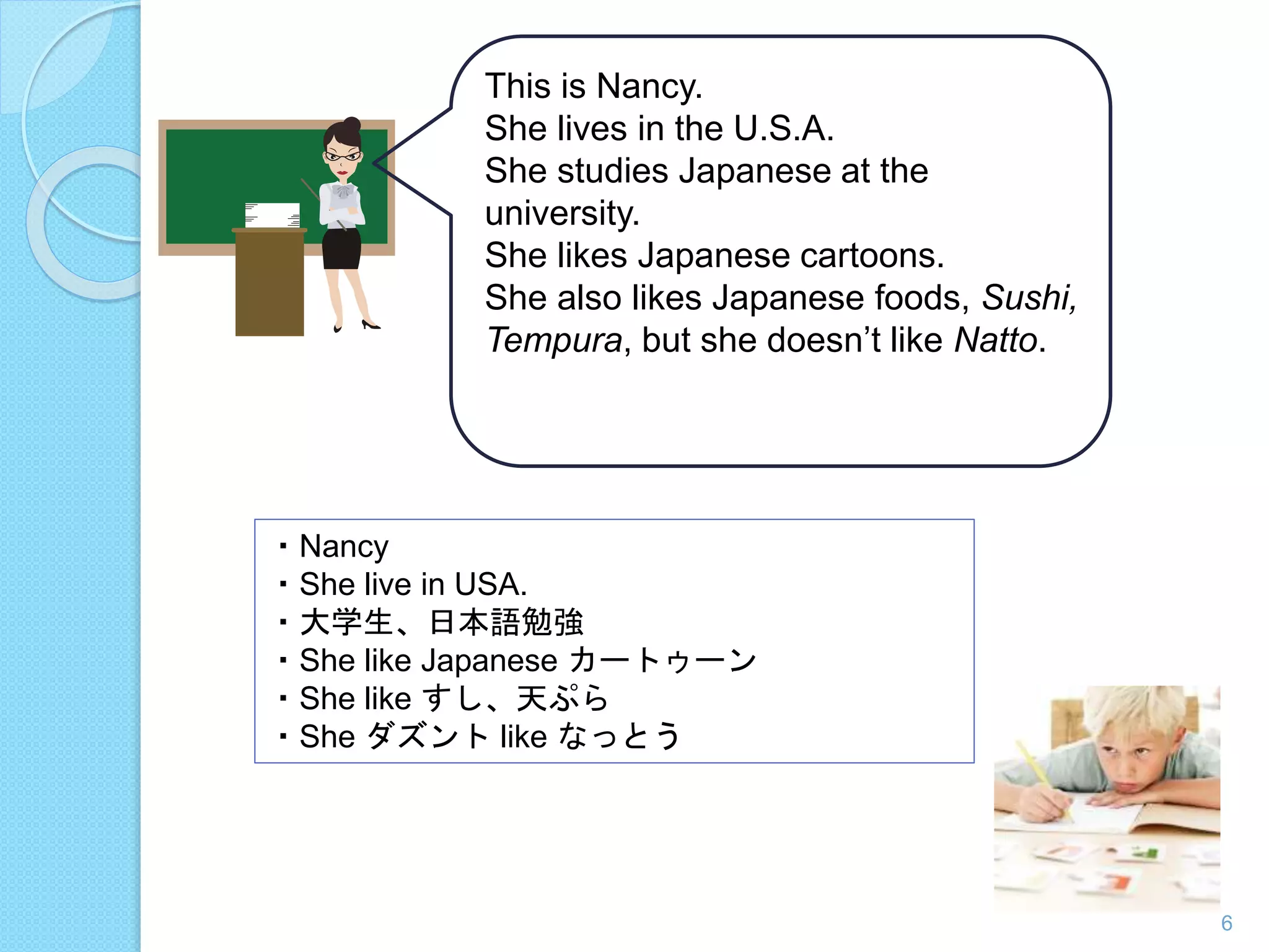 This is Nancy. 
She lives in the U.S.A. 
She studies Japanese at the 
university. 
She likes Japanese cartoons. 
She also likes Japanese foods, Sushi, 
Tempura, but she doesn’t like Natto. 
・Nancy 
・She live in USA. 
・大学生、日本語勉強 
・She like Japanese カートゥーン 
・She like すし、天ぷら 
・She ダズントlike なっとう 
6 
 