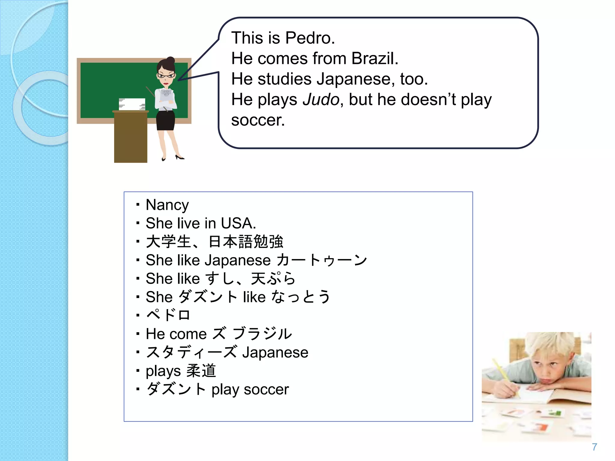 This is Pedro. 
He comes from Brazil. 
He studies Japanese, too. 
He plays Judo, but he doesn’t play 
soccer. 
・Nancy 
・She live in USA. 
・大学生、日本語勉強 
・She like Japanese カートゥーン 
・She like すし、天ぷら 
・She ダズントlike なっとう 
・ペドロ 
・He come ズブラジル 
・スタディーズJapanese 
・plays 柔道 
・ダズントplay soccer 
7 
 