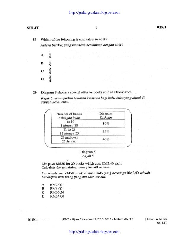 Soalan Percubaan UPSR 2012 Negeri Terengganu Matematik 