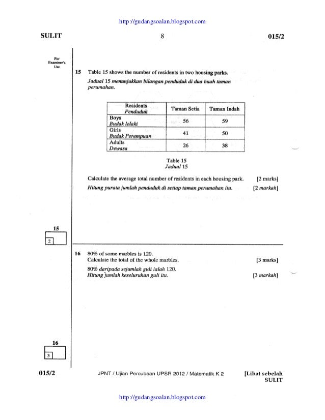 Soalan Percubaan UPSR 2012 Negeri Terengganu Matematik 