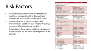 Risk Factors
• Many cardiovascular diseases and concomitant
conditions increase the risk of developing AF ,
recurrent AF, and AF-associated complications.
• The identification of such conditions, their
prevention and treatment is an important leverage
to prevent AF and its disease burden.
• Knowledge of these factors and their management
is hence important for optimal management of AF
patients.
 