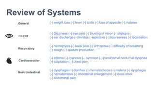 Review of Systems
General
HEENT
(-) weight loss (-) fever (-) chills (-) loss of appetite (-) malaise
(-) Dizziness (-) eye pain (-) blurring of vision (-) diplopia
(-) ear discharge (-) tinnitus (-)epistaxis (-) hoarseness (-) lacrimation
Respiratory
(-) hemoptysis (-) back pain (-) orthopnea (-) difficulty of breathing
(-) cough (-) sputum production
Cardiovascular
(-) edema (-) cyanosis (-) syncope (-) paroxysmal nocturnal dyspnea
(-) palpitation (-) chest pain,
Gastrointestinal
(-) dysphagia (-) diarrhea (-) hematochezia (-) melena (-) dysphagia
(-) hematemesis (-) abdominal enlargement (-) loose stool
(-) abdominal pain
 