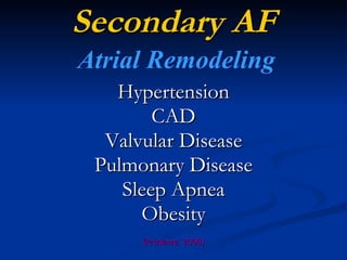 Secondary AF Hypertension CAD Valvular Disease Pulmonary Disease Sleep Apnea Obesity (Prudente, 2008) Atrial Remodeling 