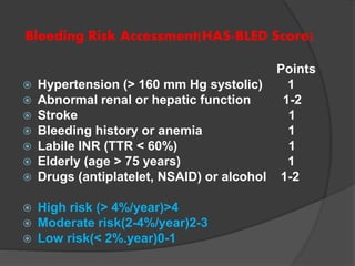 Bleeding Risk Accessment(HAS-BLED Score)
Points
 Hypertension (> 160 mm Hg systolic) 1
 Abnormal renal or hepatic function 1-2
 Stroke 1
 Bleeding history or anemia 1
 Labile INR (TTR < 60%) 1
 Elderly (age > 75 years) 1
 Drugs (antiplatelet, NSAID) or alcohol 1-2
 High risk (> 4%/year)>4
 Moderate risk(2-4%/year)2-3
 Low risk(< 2%.year)0-1
 