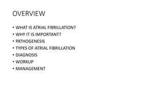OVERVIEW
• WHAT IS ATRIAL FIBRILLATION?
• WHY IT IS IMPORTANT?
• PATHOGENESIS
• TYPES OF ATRIAL FIBRILLATION
• DIAGNOSIS
• WORKUP
• MANAGEMENT
 