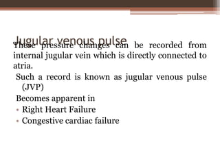 Jugular venous pulse
These pressure changes can be recorded from
internal jugular vein which is directly connected to
atria.
Such a record is known as jugular venous pulse
(JVP)
Becomes apparent in
• Right Heart Failure
• Congestive cardiac failure
 