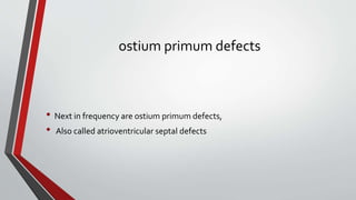 ostium primum defects 
• Next in frequency are ostium primum defects, 
• Also called atrioventricular septal defects 
 