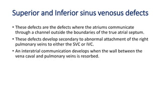 Superior and Inferior sinus venosus defects 
• These defects are the defects where the atriums communicate 
through a channel outside the boundaries of the true atrial septum. 
• These defects develop secondary to abnormal attachment of the right 
pulmonary veins to either the SVC or IVC. 
• An interatrial communication develops when the wall between the 
vena caval and pulmonary veins is resorbed. 
 